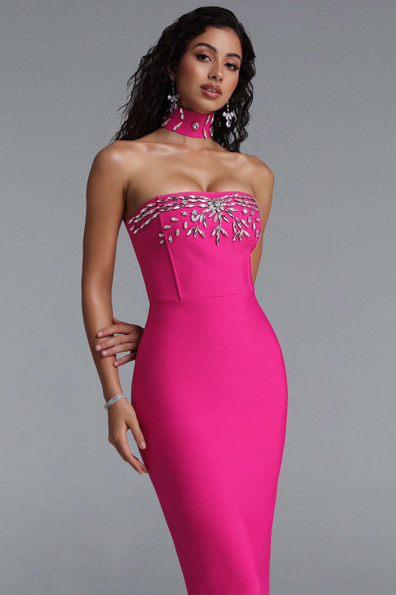Emilee Luxury Contour Choker Rhinestone Bandage Maxi Dress