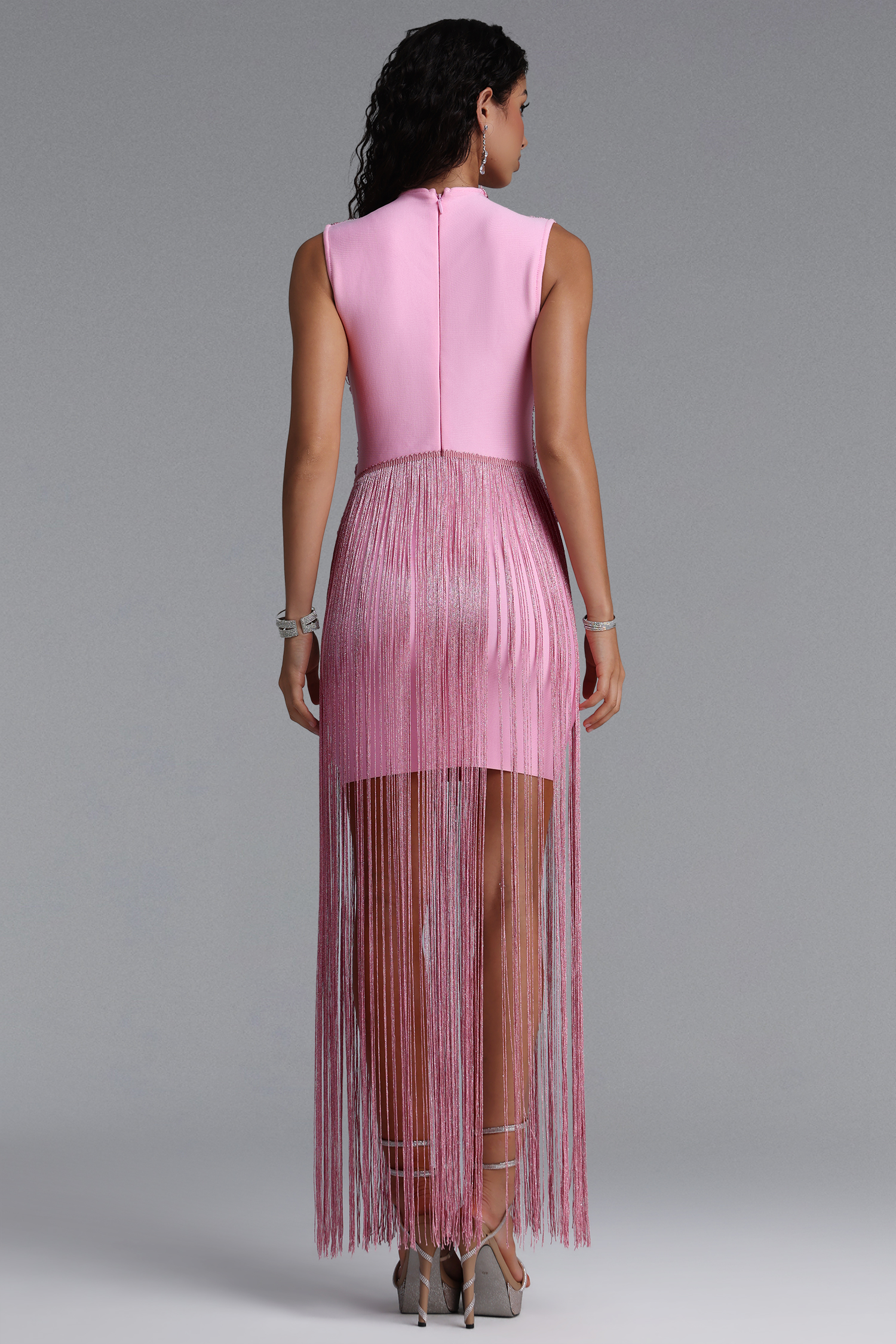 Vincy Elegant Sleeveless Fringe Bandage Pink Maxi Dress