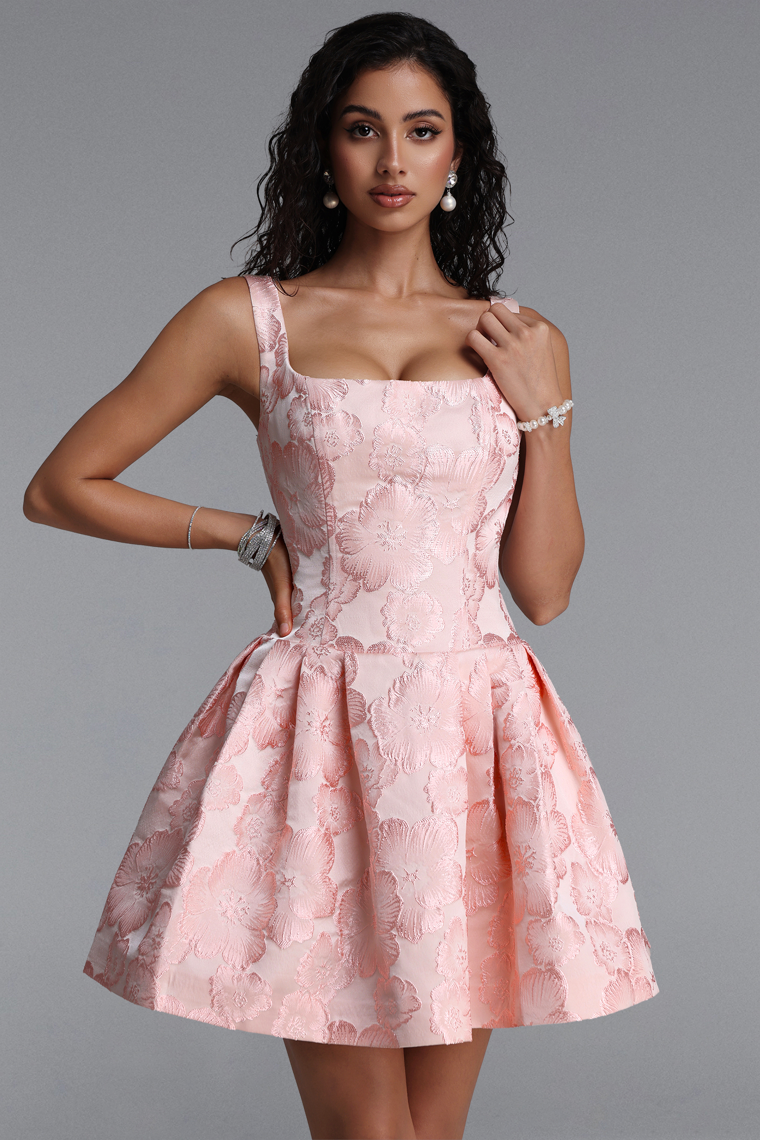 Deborah Classic Tailored Square Neck Floral Jacquard Woven Mini Dress