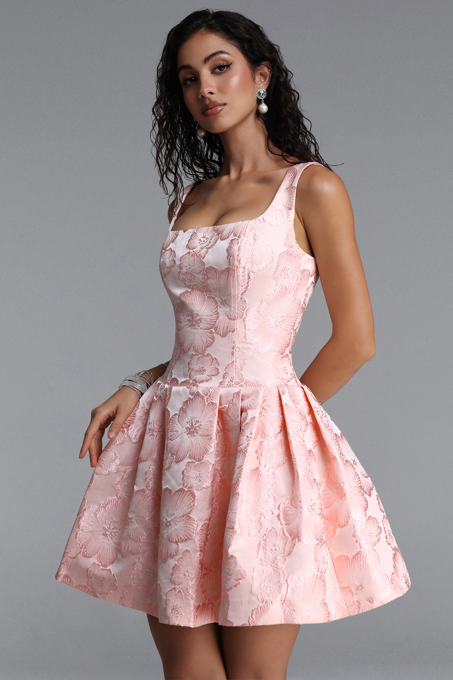 Deborah Classic Tailored Square Neck Floral Jacquard Woven Mini Dress