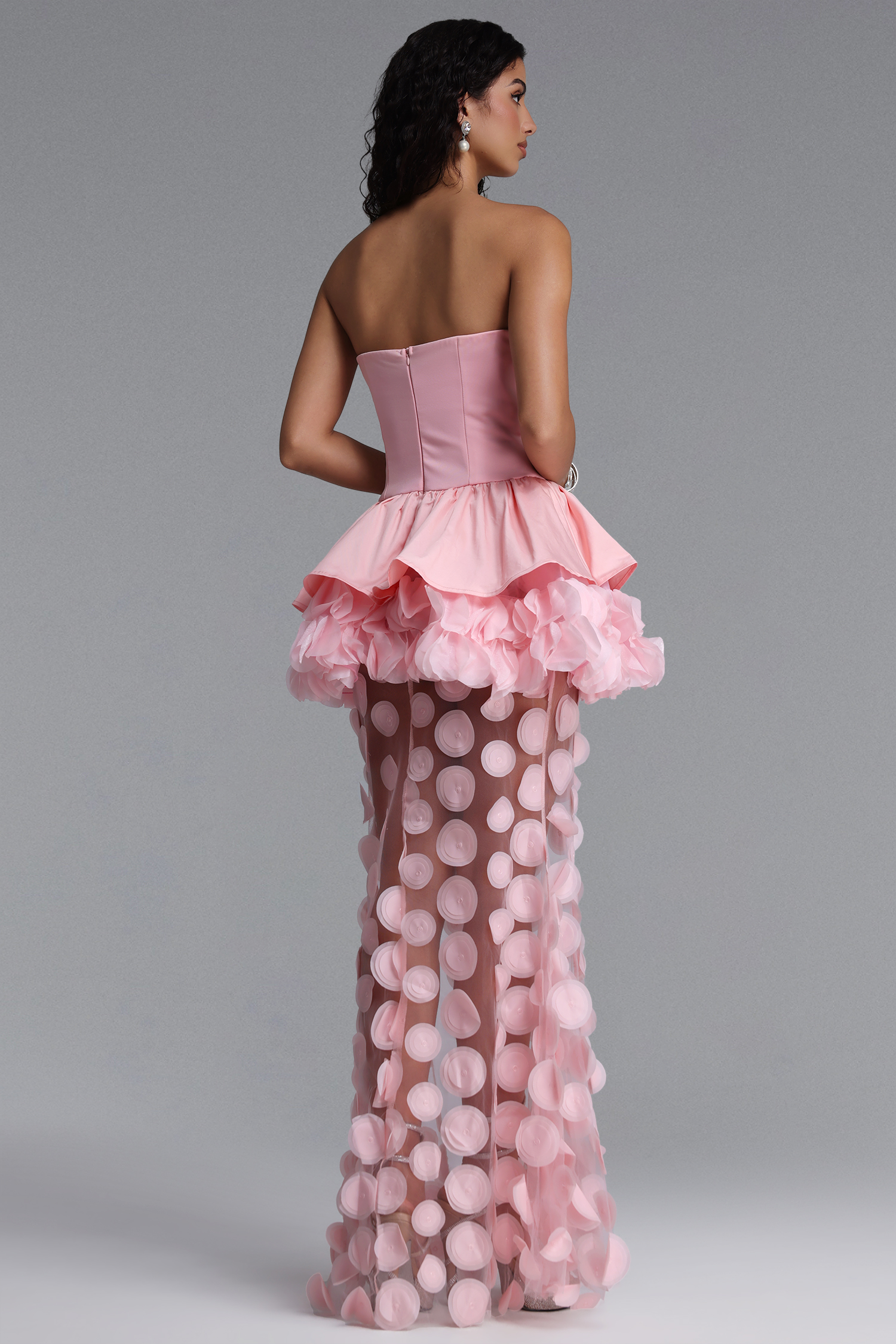 Johanne Elegant Contour Strapless Ruffle Contrast Pink Maxi Dress