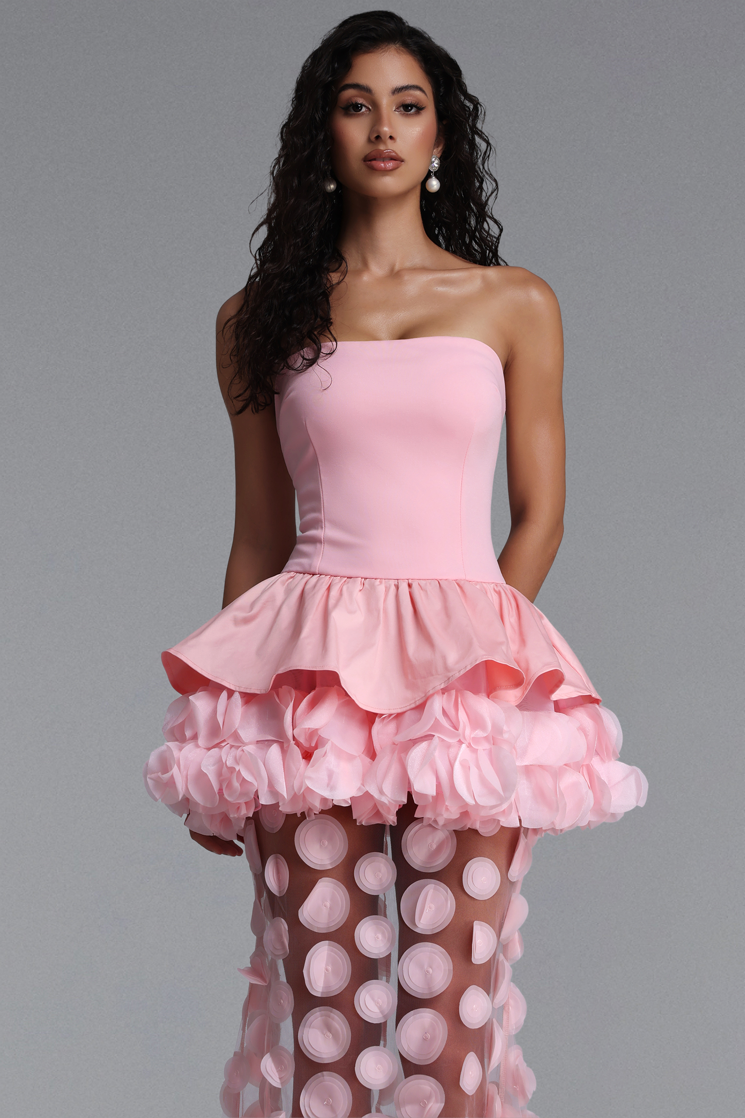 Johanne Elegant Contour Strapless Ruffle Contrast Pink Maxi Dress