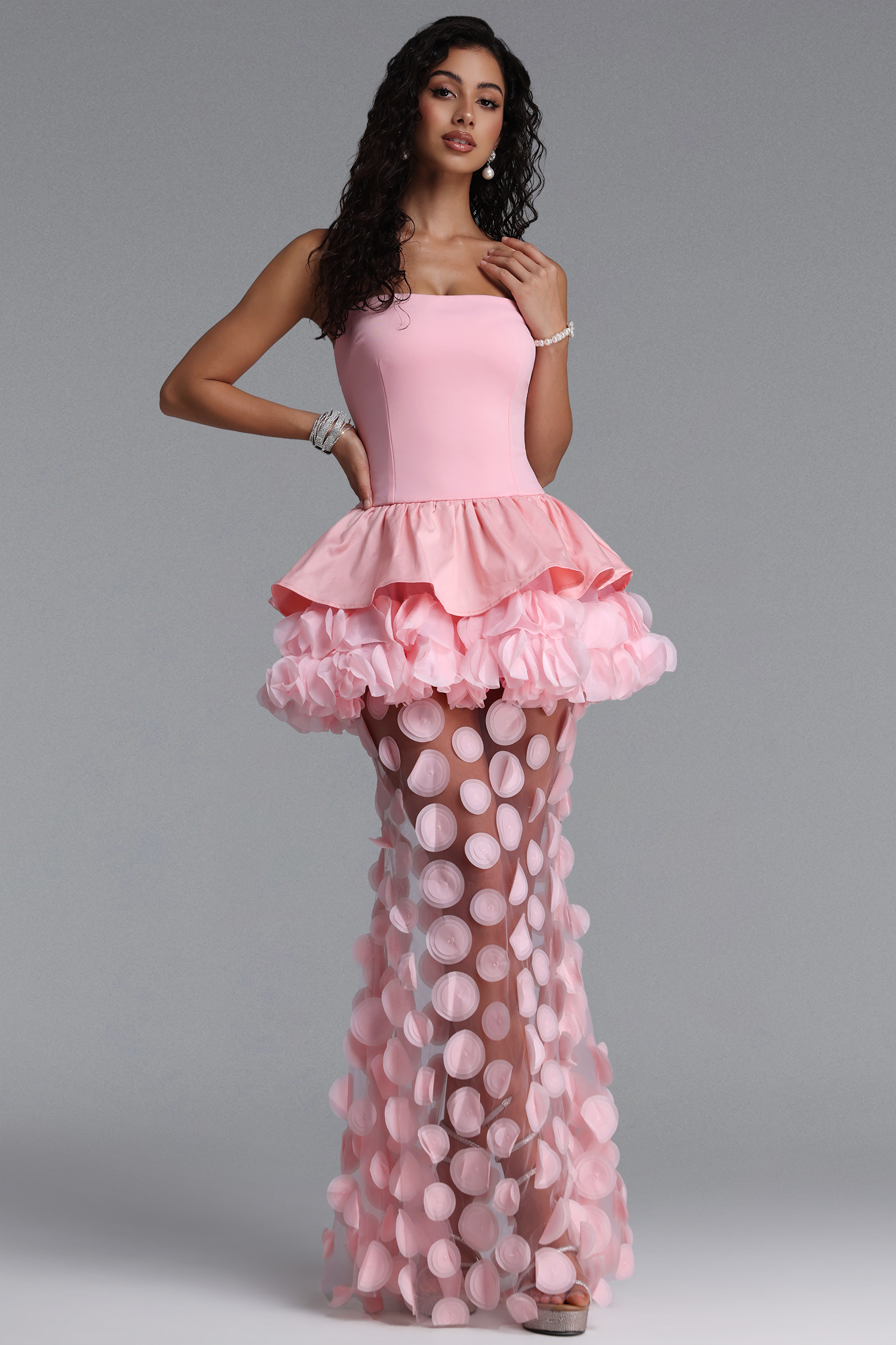 Johanne Elegant Contour Strapless Ruffle Contrast Pink Maxi Dress
