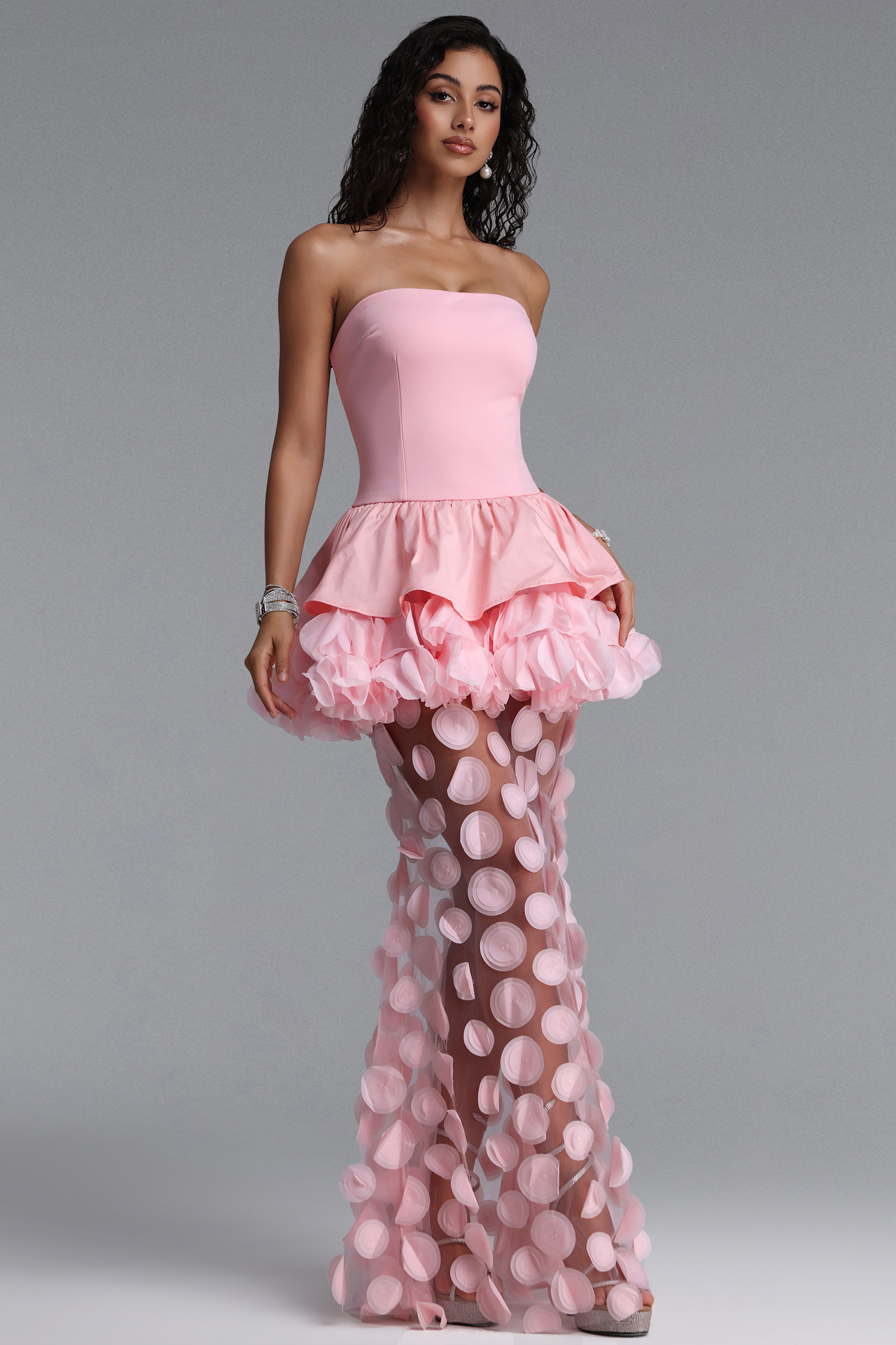 Johanne Elegant Contour Strapless Ruffle Contrast Pink Maxi Dress