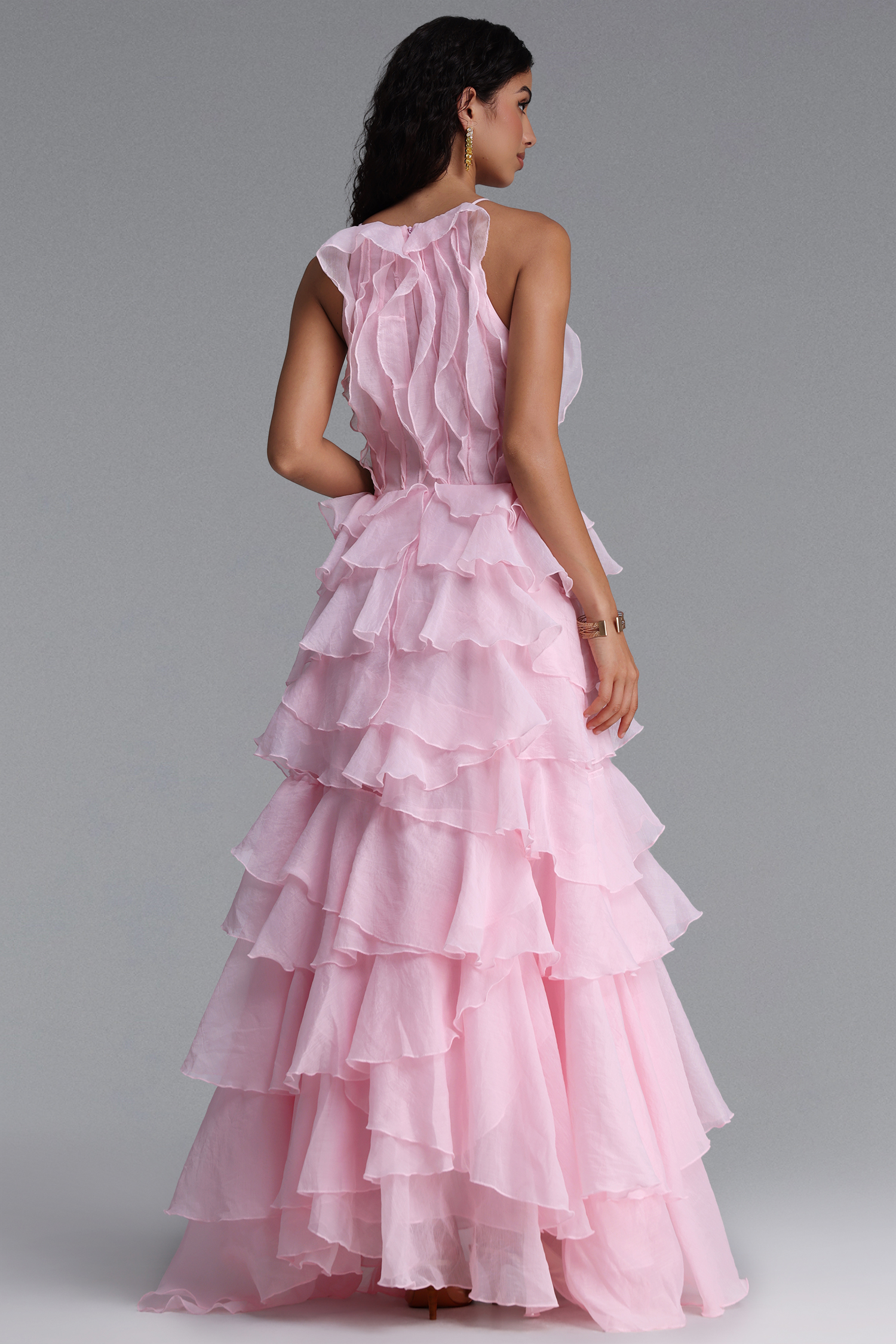 Ksenia Vintage Halter Tiered Ruffle Flowy Pink Maxi Dress