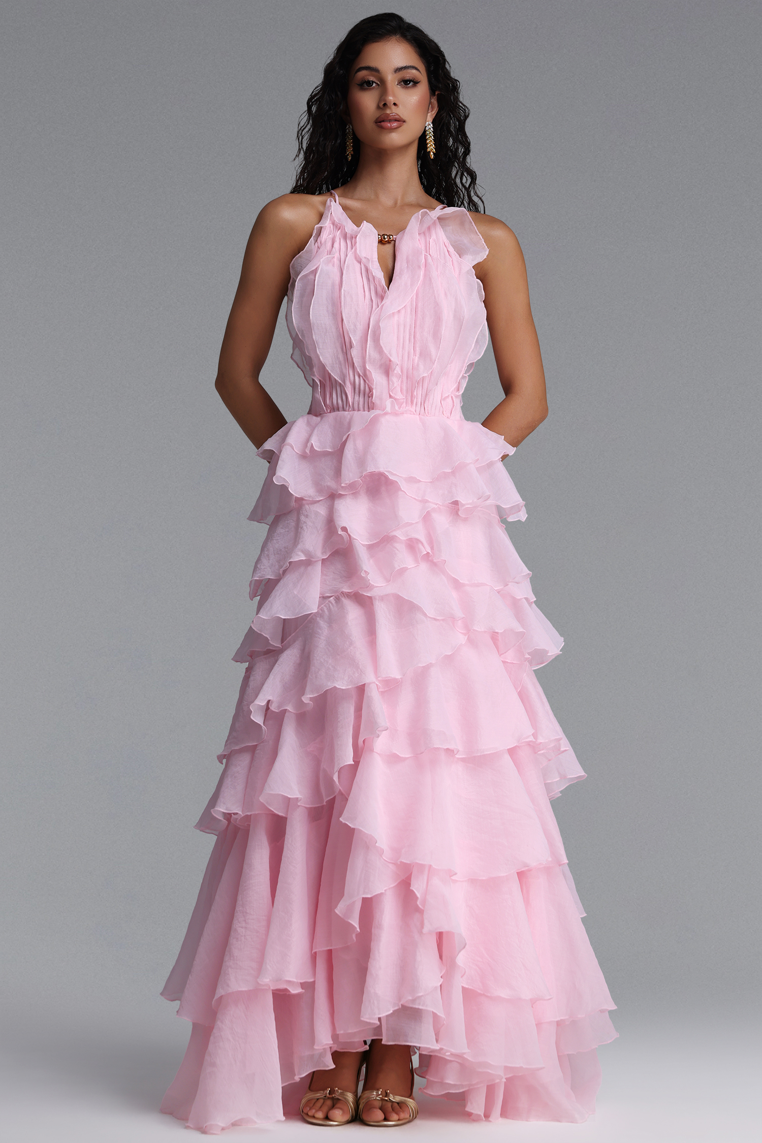 Ksenia Vintage Halter Tiered Ruffle Flowy Pink Maxi Dress
