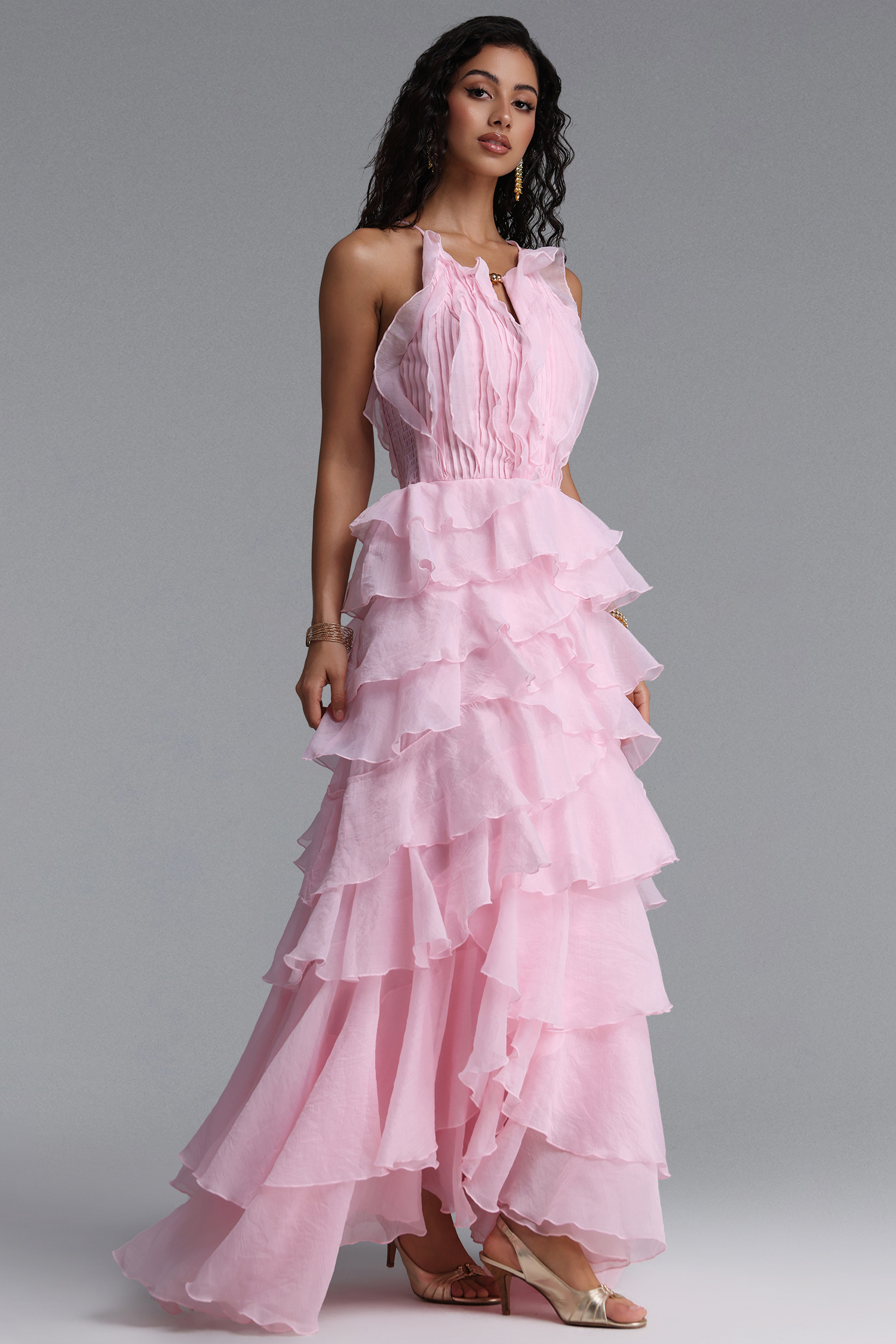 Ksenia Vintage Halter Tiered Ruffle Flowy Pink Maxi Dress