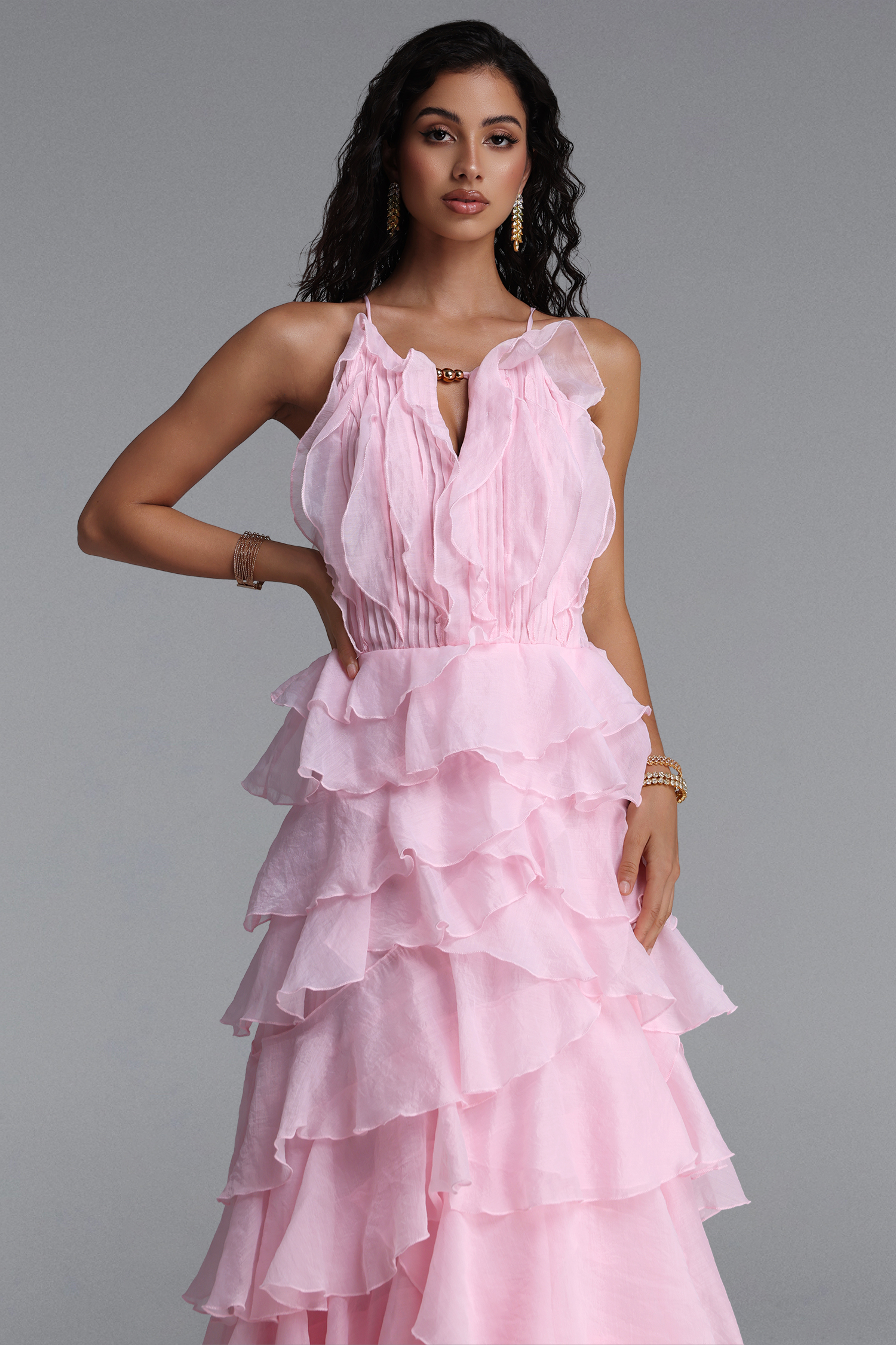 Ksenia Vintage Halter Tiered Ruffle Flowy Pink Maxi Dress