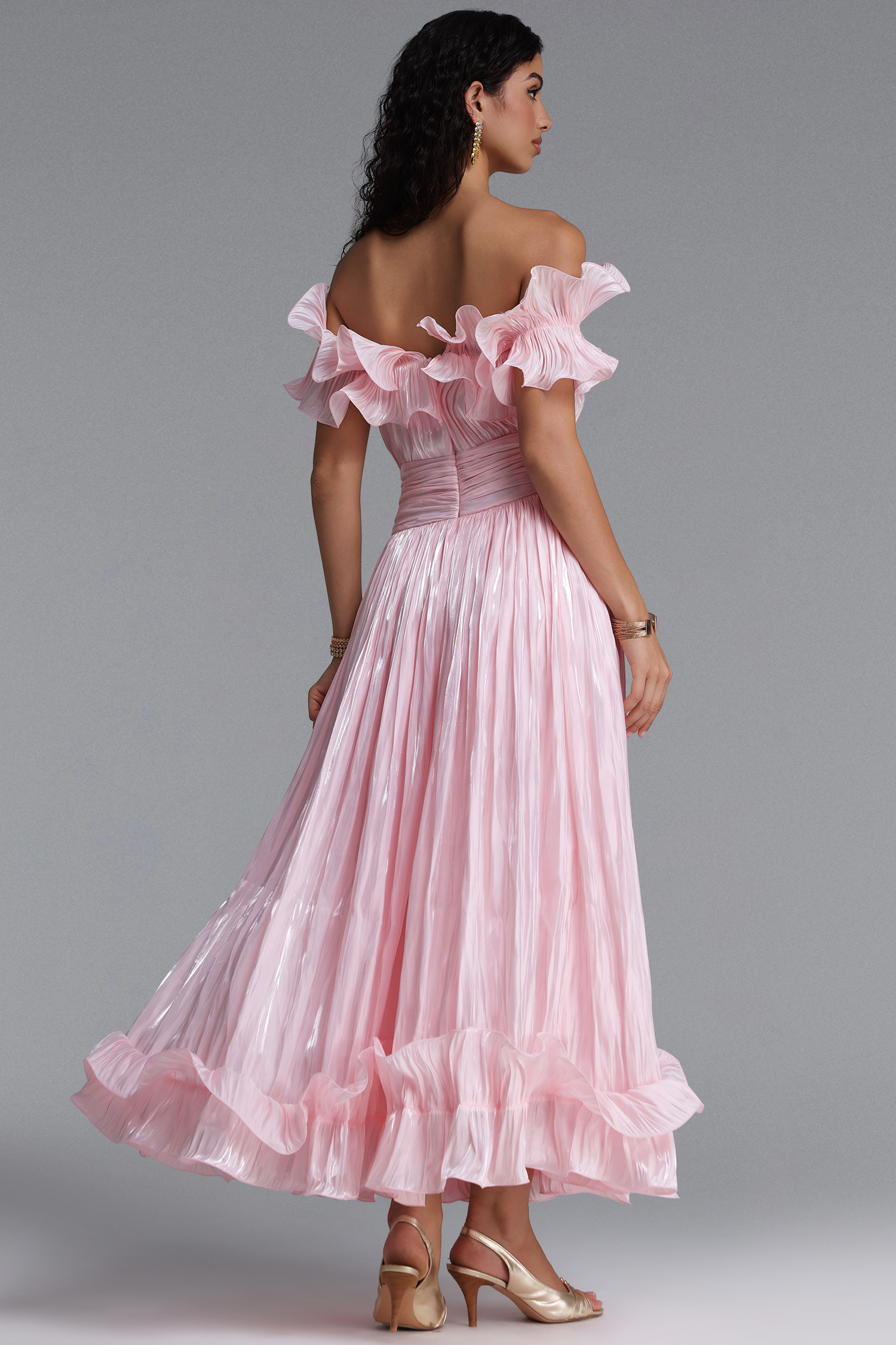 Suku Elegant Flowy Off Shoulder Ruched Pink Maxi Dress