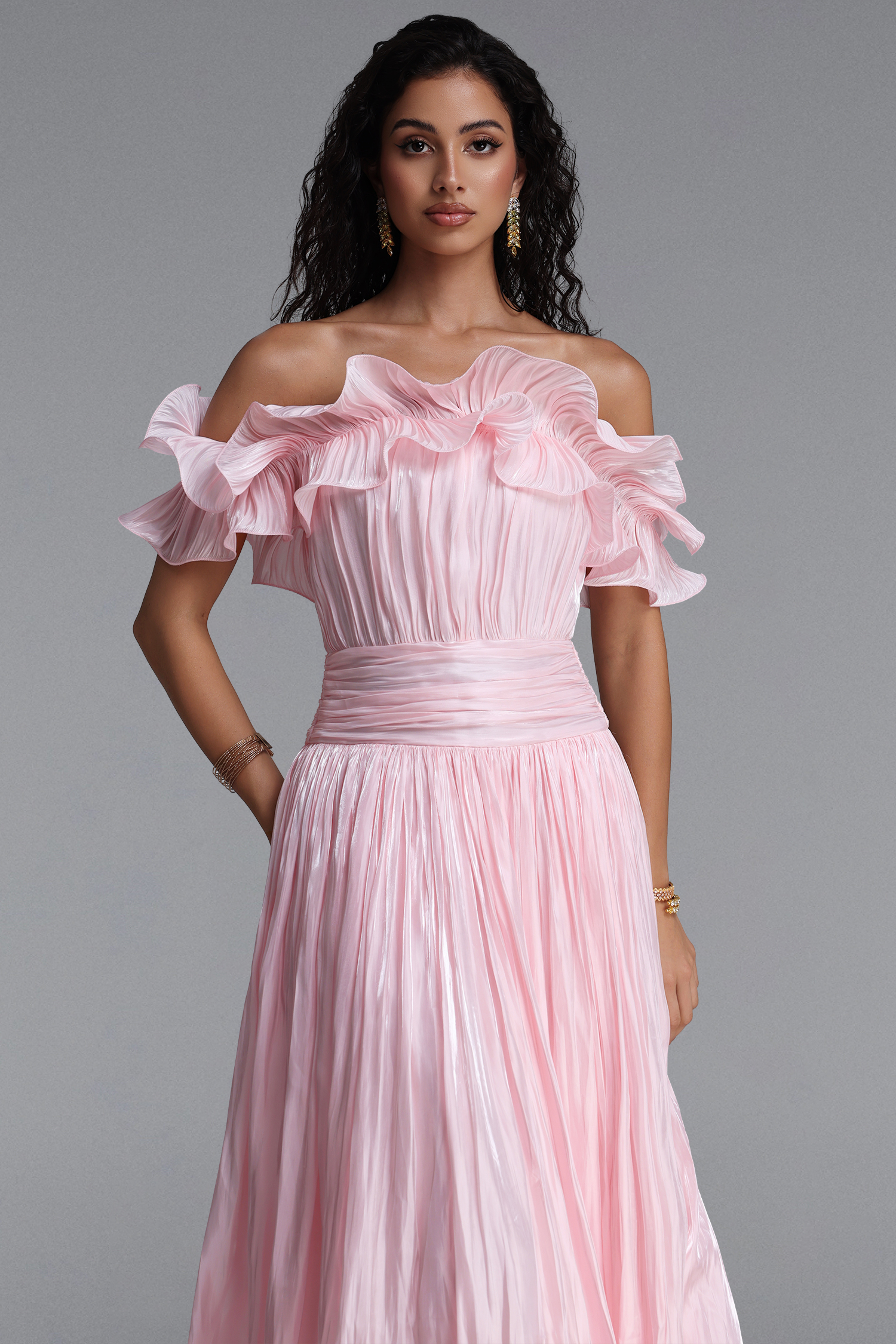 Suku Elegant Flowy Off Shoulder Ruched Pink Maxi Dress