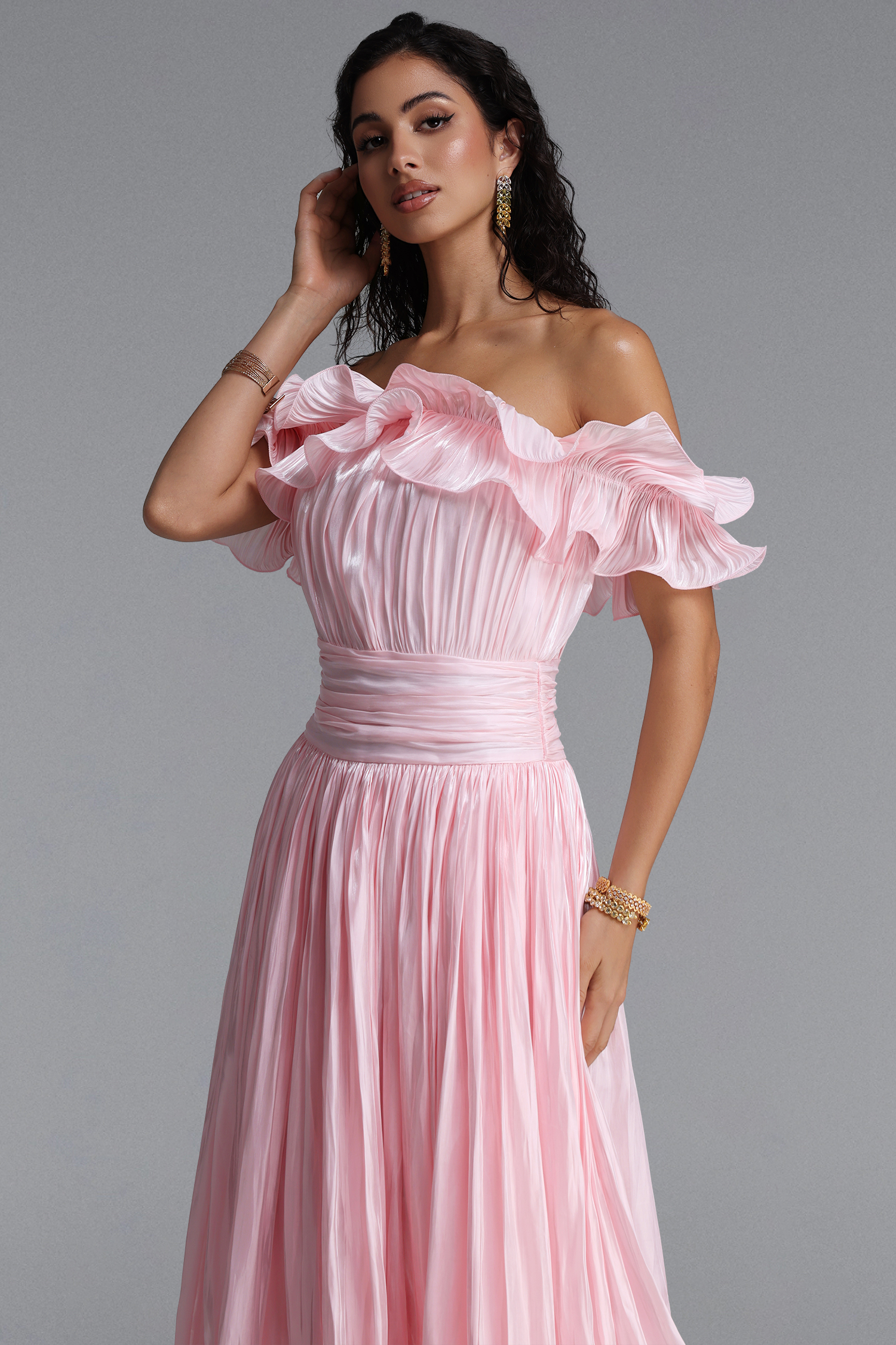 Suku Elegant Flowy Off Shoulder Ruched Pink Maxi Dress