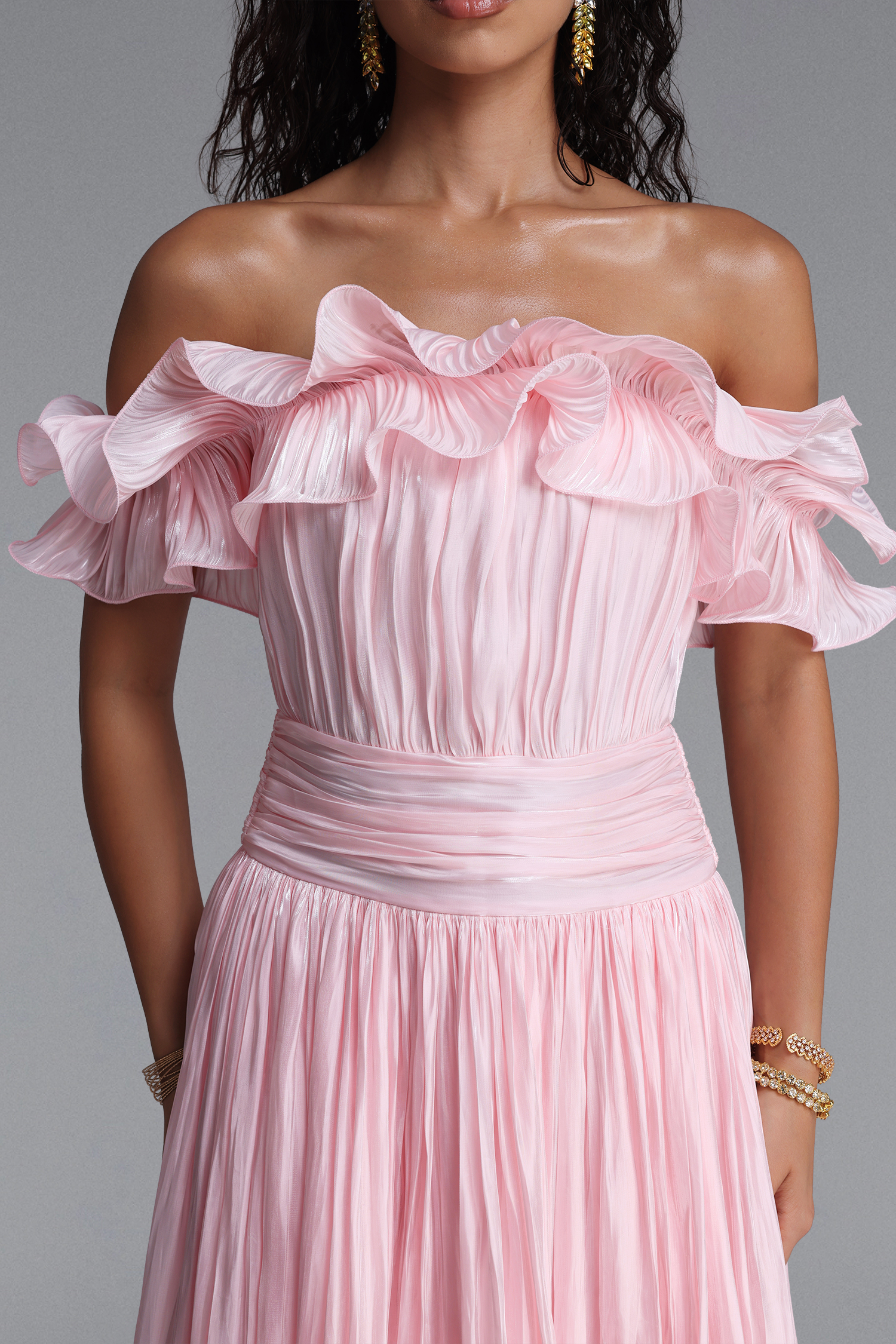 Suku Elegant Flowy Off Shoulder Ruched Pink Maxi Dress