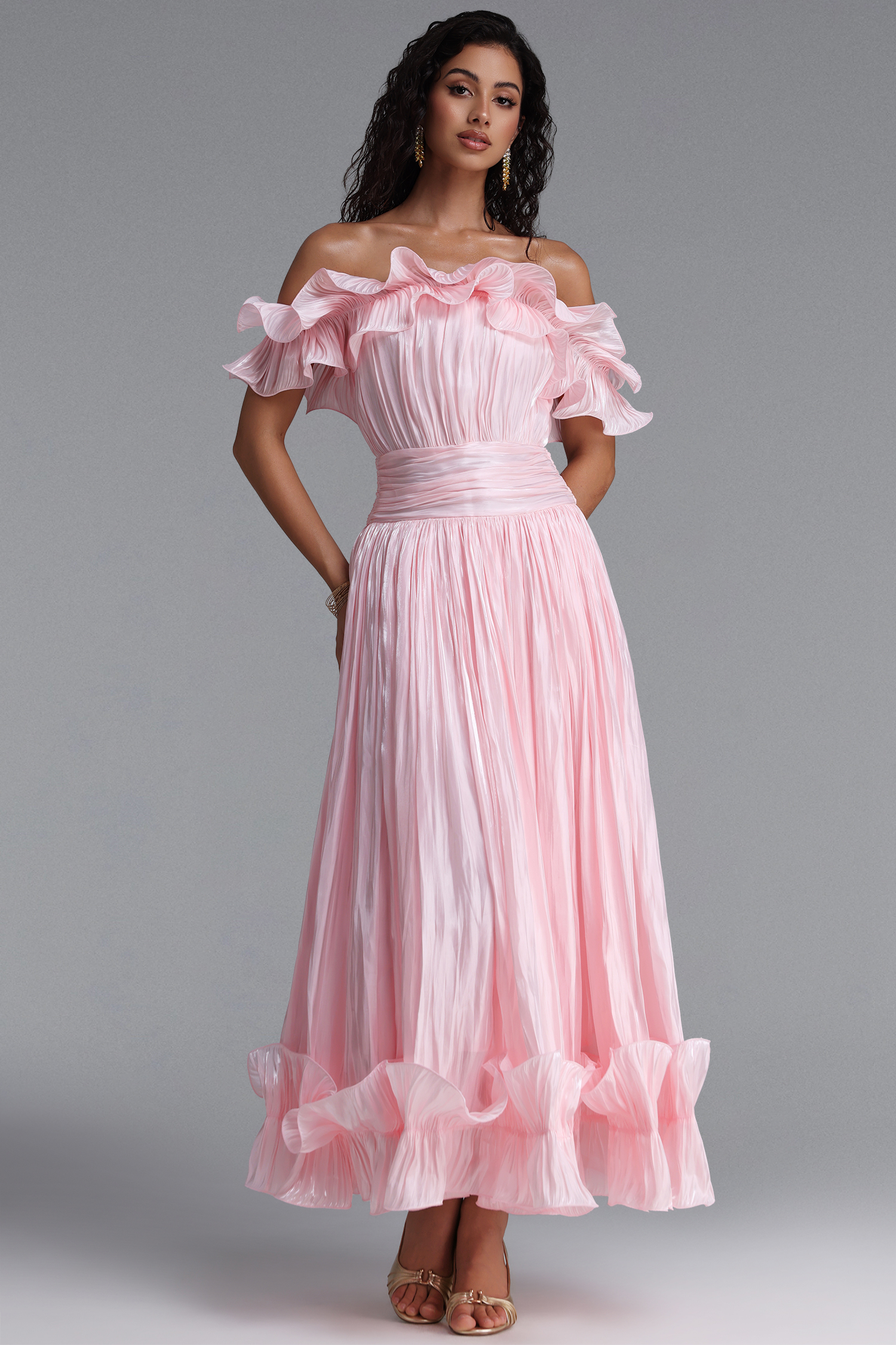 Suku Elegant Flowy Off Shoulder Ruched Pink Maxi Dress