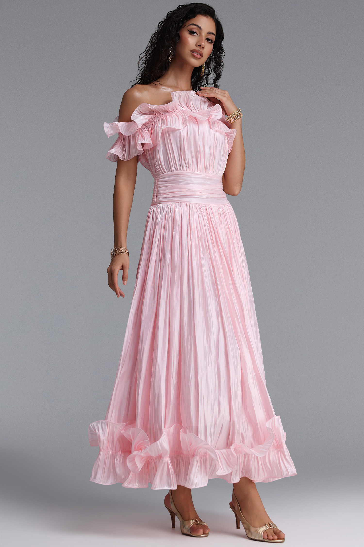 Suku Elegant Flowy Off Shoulder Ruched Pink Maxi Dress