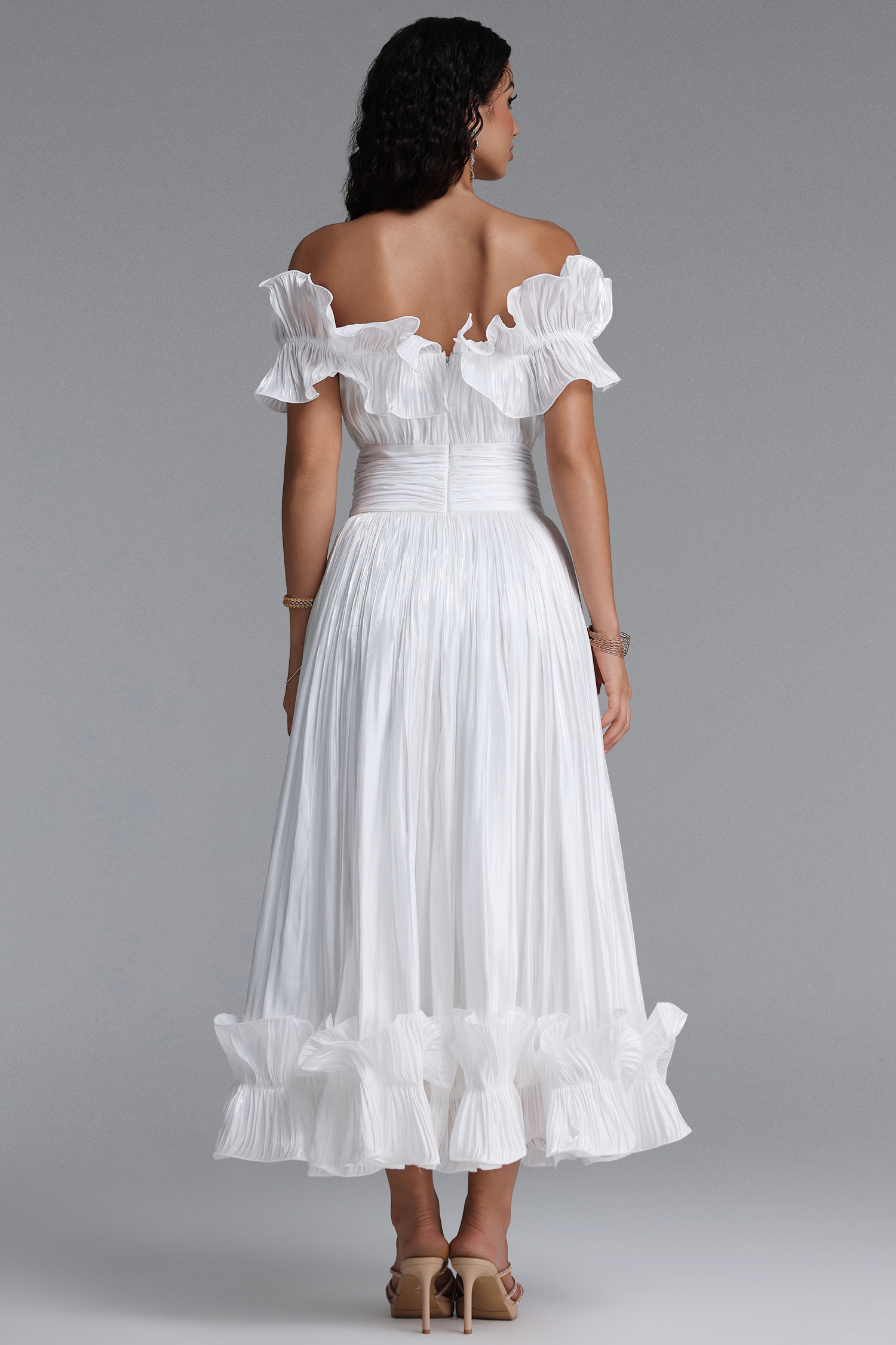 Suku Elegant Flowy Off Shoulder Ruched White Maxi Dress