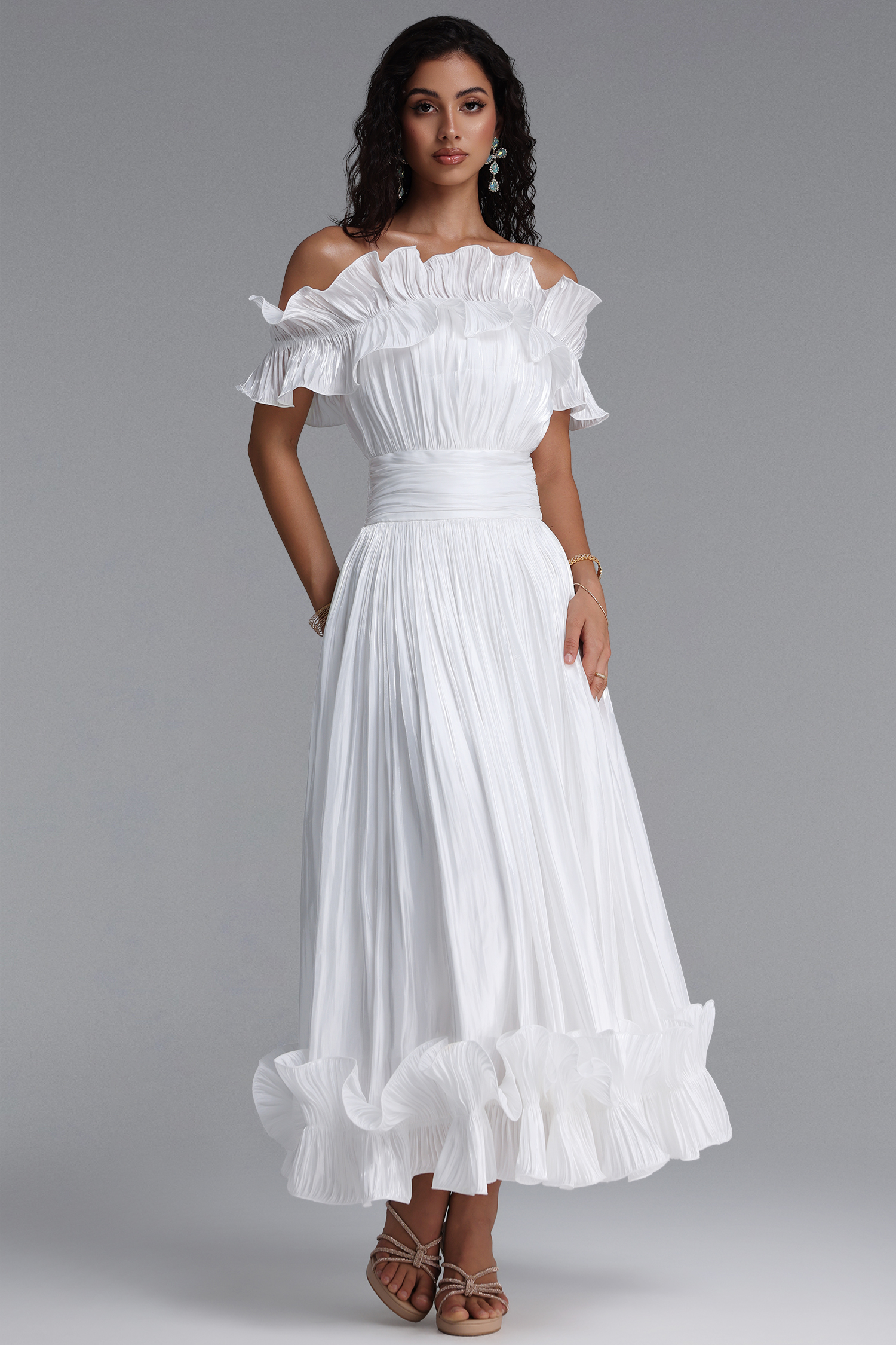 Suku Elegant Flowy Off Shoulder Ruched White Maxi Dress