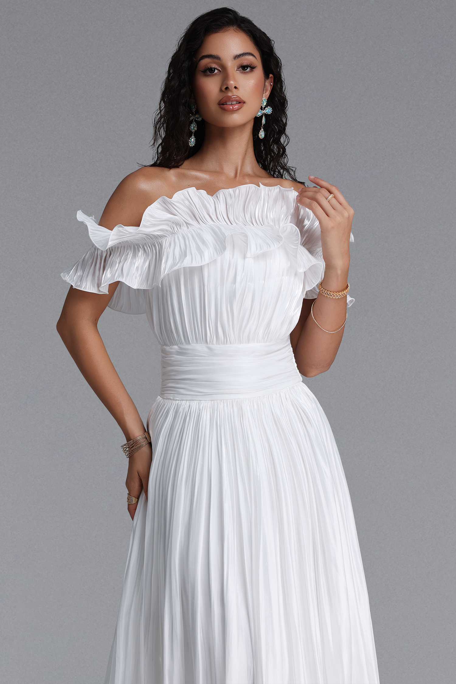 Suku Elegant Flowy Off Shoulder Ruched White Maxi Dress