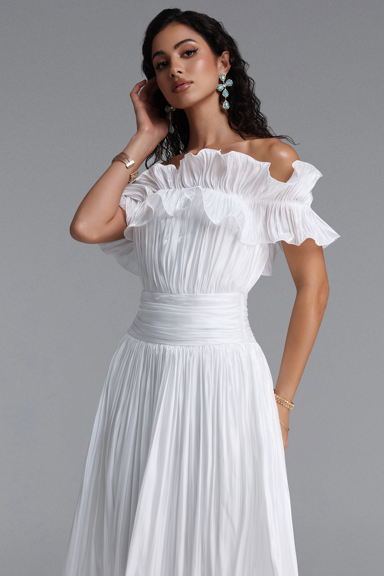 Suku Elegant Flowy Off Shoulder Ruched White Maxi Dress