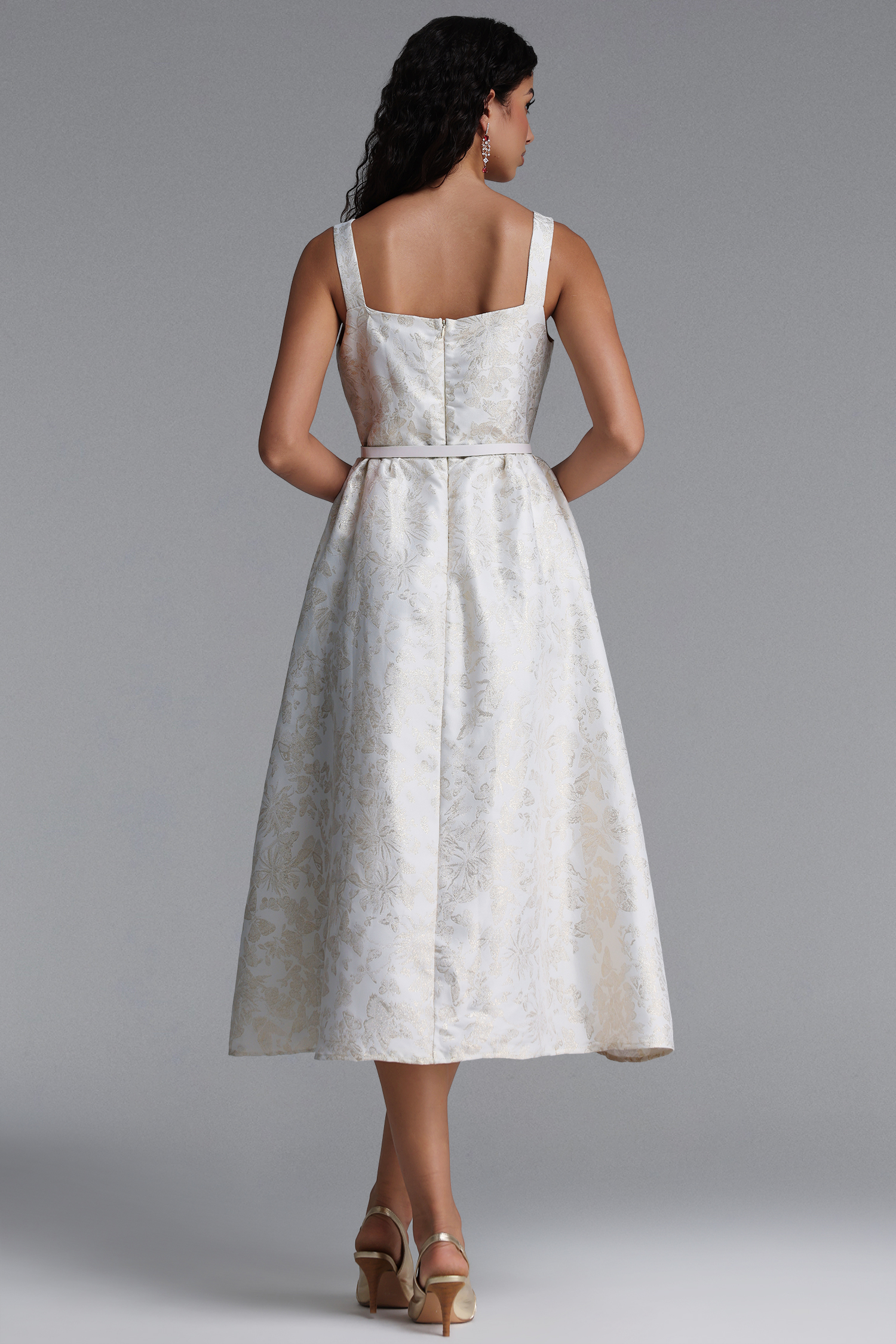 Xava Vintage Floral Jacquard Square Neck Strap Midi Dress