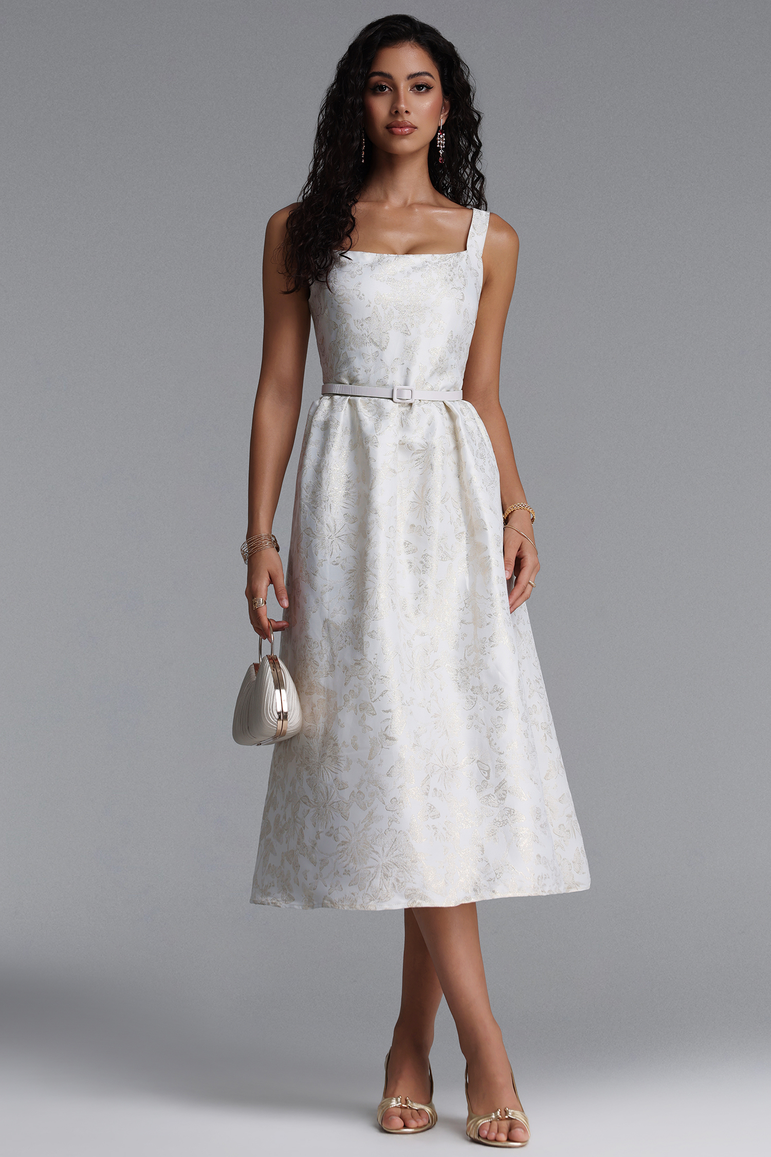 Xava Vintage Floral Jacquard Square Neck Strap Midi Dress