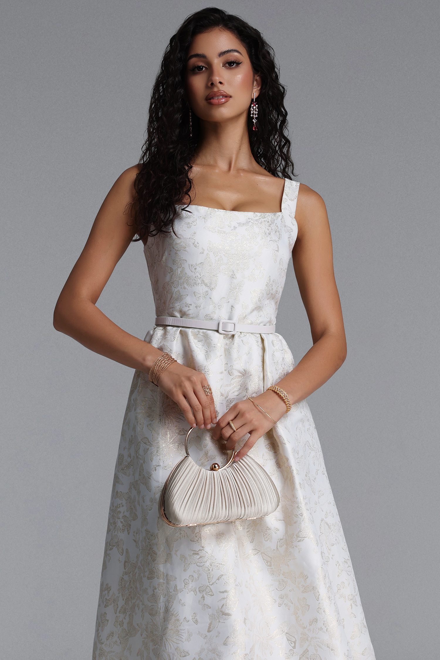 Xava Vintage Floral Jacquard Square Neck Strap Midi Dress