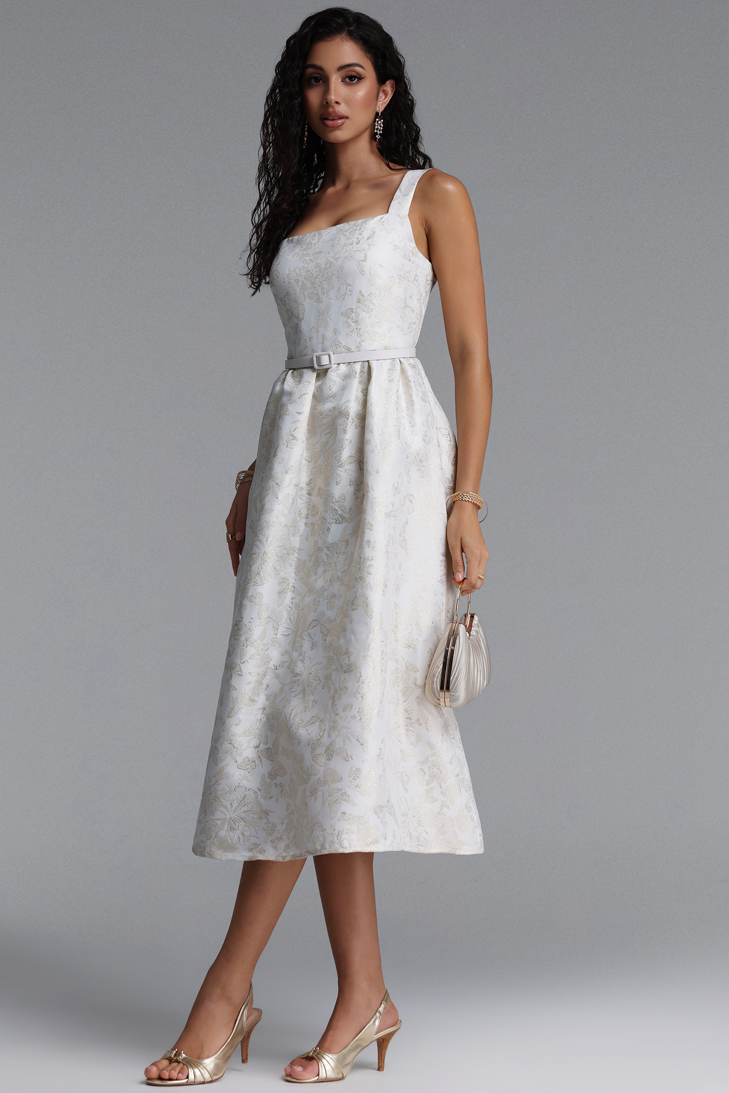 Xava Vintage Floral Jacquard Square Neck Strap Midi Dress