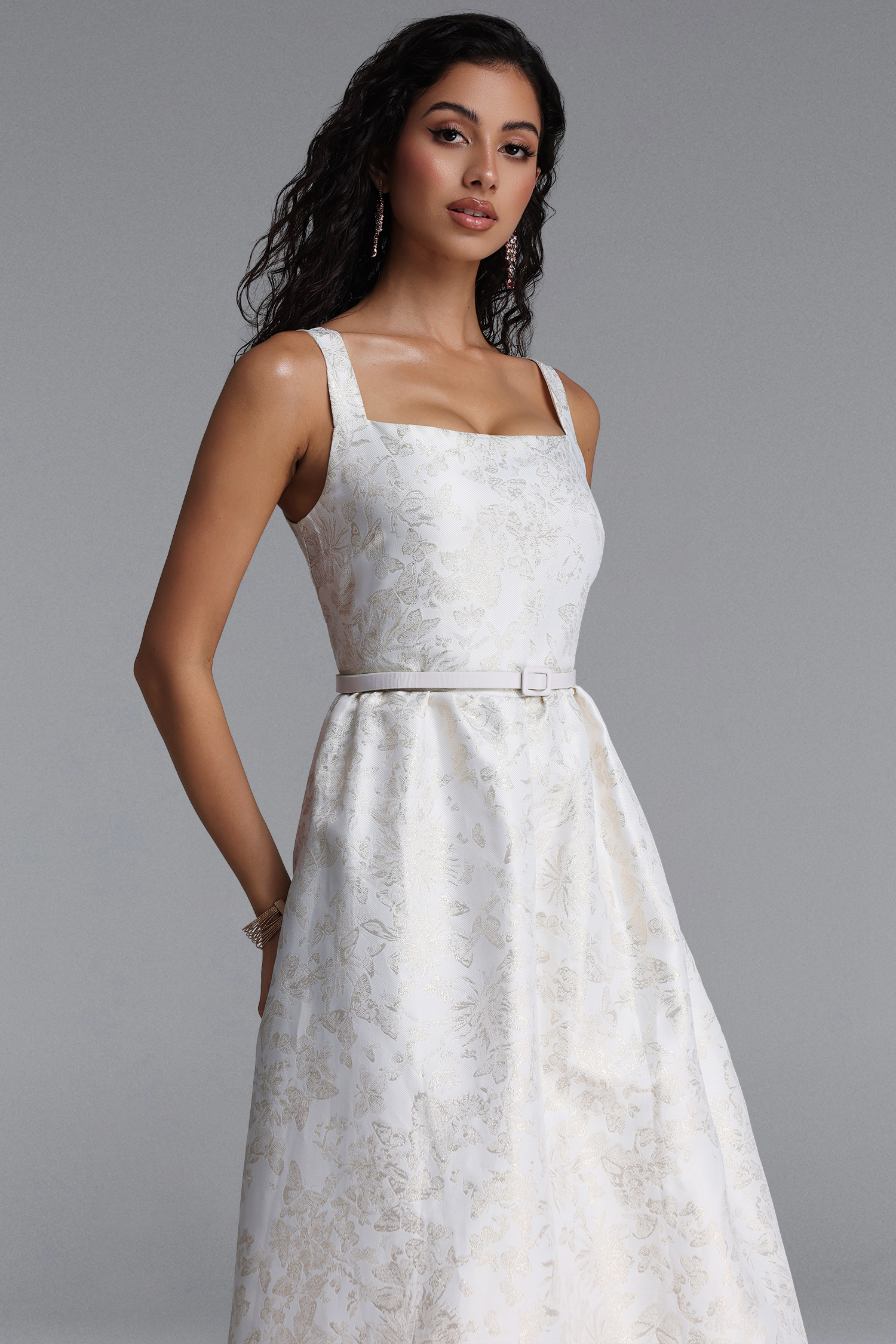 Xava Vintage Floral Jacquard Square Neck Strap Midi Dress