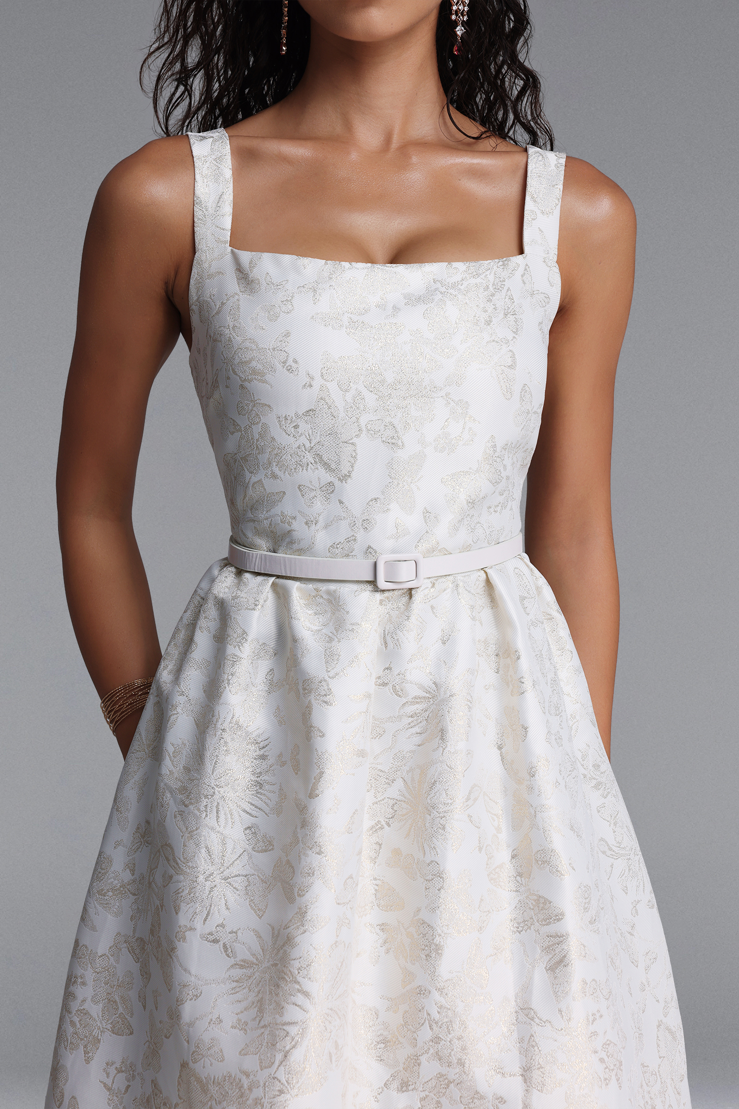 Xava Vintage Floral Jacquard Square Neck Strap Midi Dress