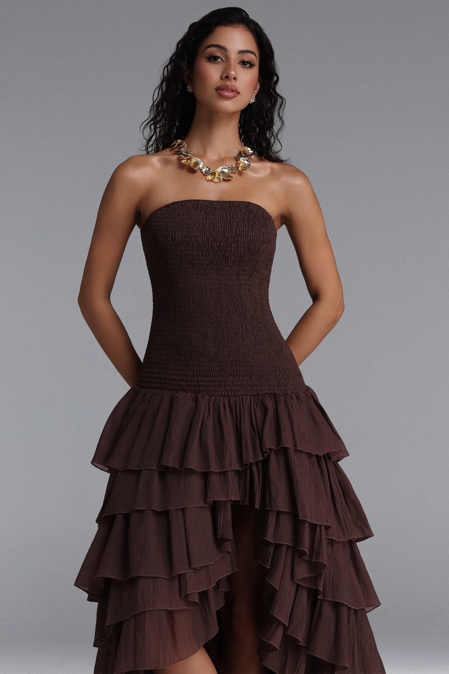 Orisy Vacation Strapless Shirred Tiered Ruffle Maxi Dress