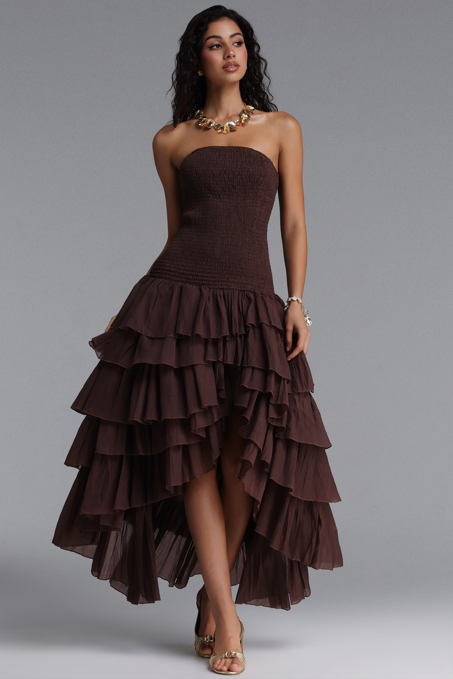 Orisy Vacation Strapless Shirred Tiered Ruffle Maxi Dress