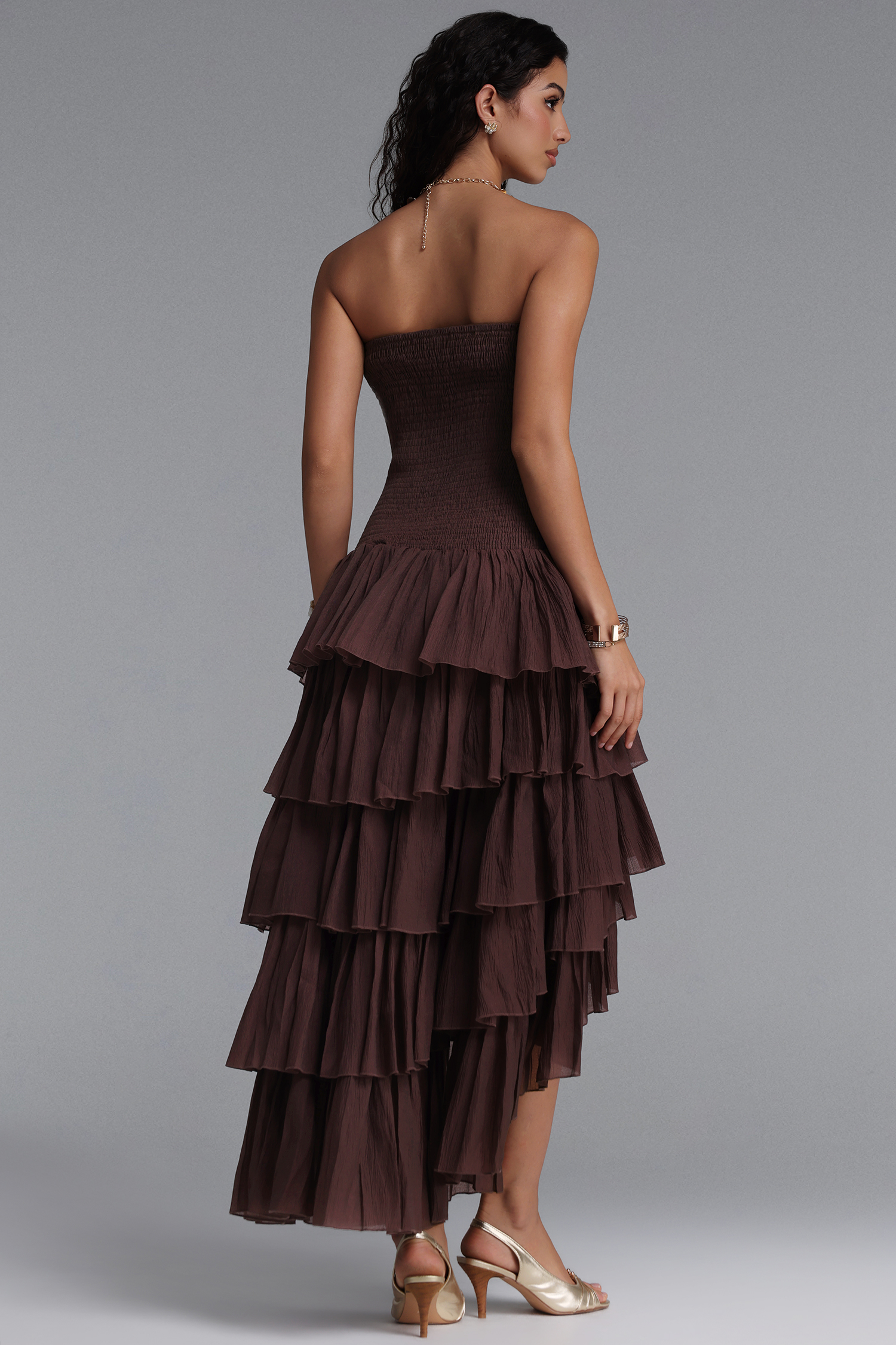 Orisy Vacation Strapless Shirred Tiered Ruffle Maxi Dress