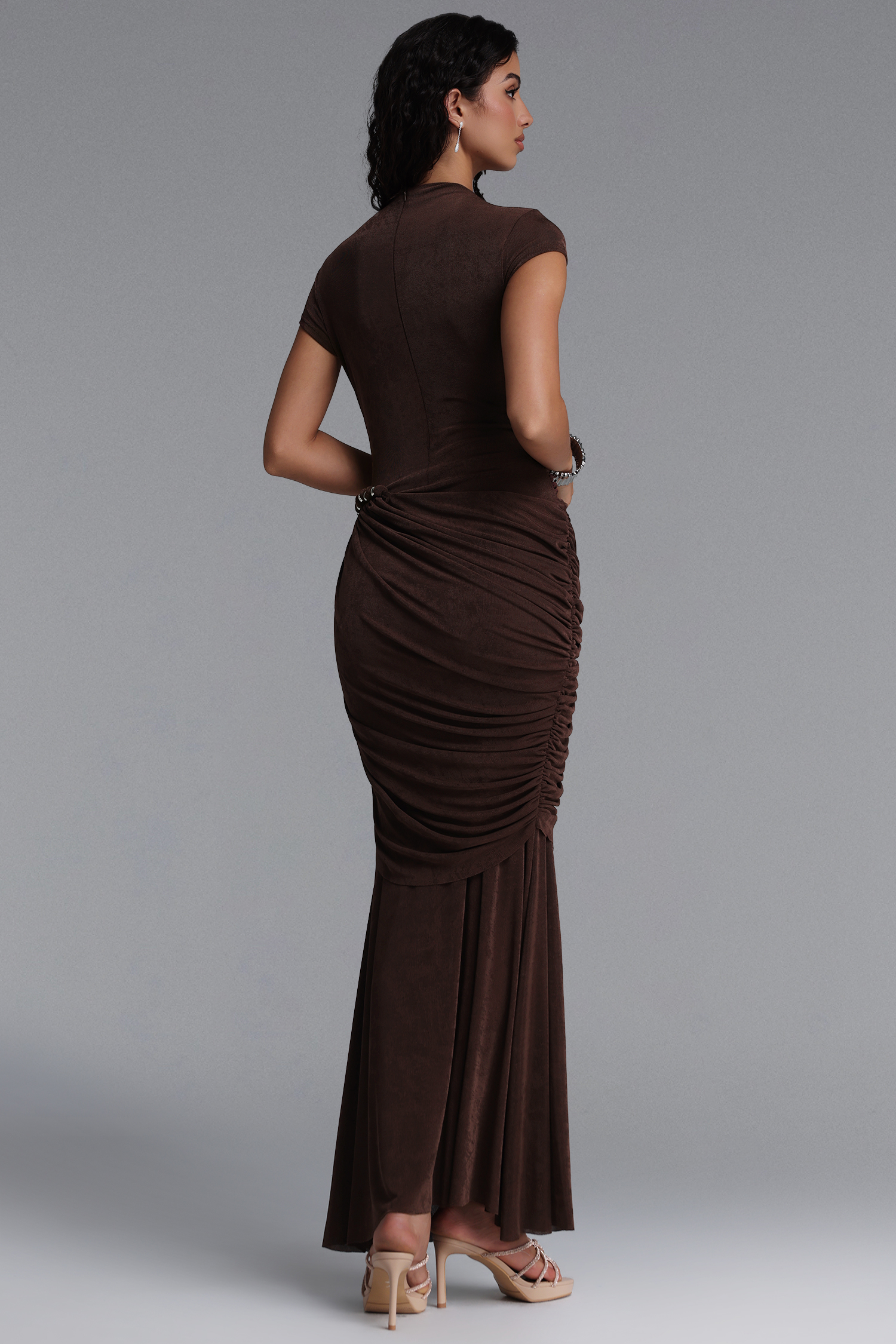 Fayie Elegant Short Sleeve Ruched Brown Maxi Dress