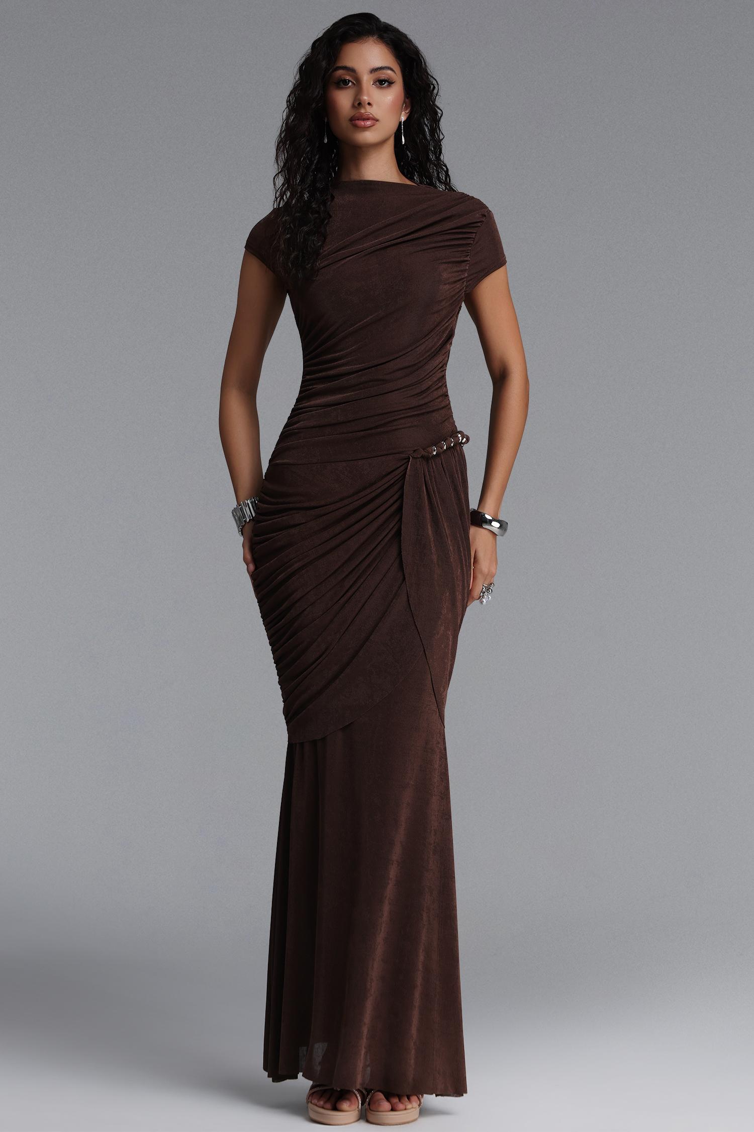 Fayie Elegant Short Sleeve Ruched Brown Maxi Dress