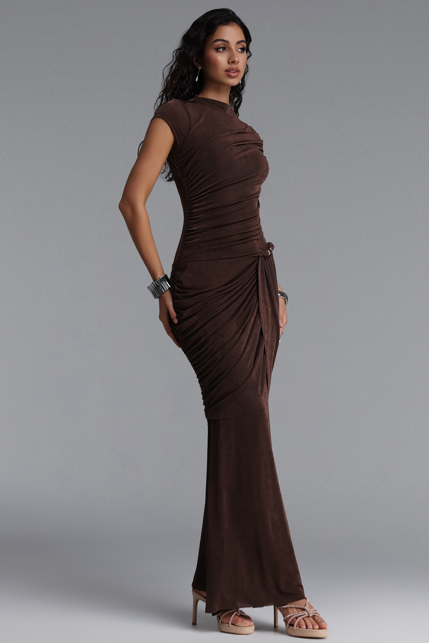 Fayie Elegant Short Sleeve Ruched Brown Maxi Dress