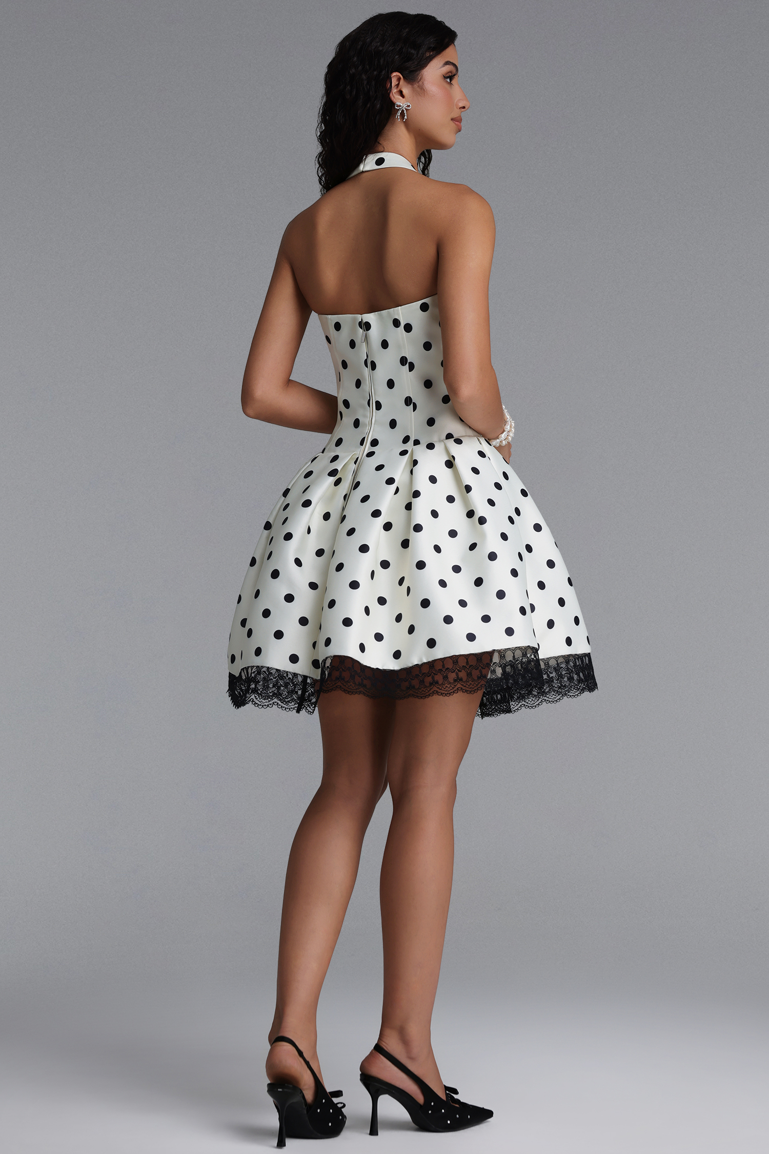 Rizza Classic Tailored Square Neck Lace Trimmed Polka DotWoven Mini Dress