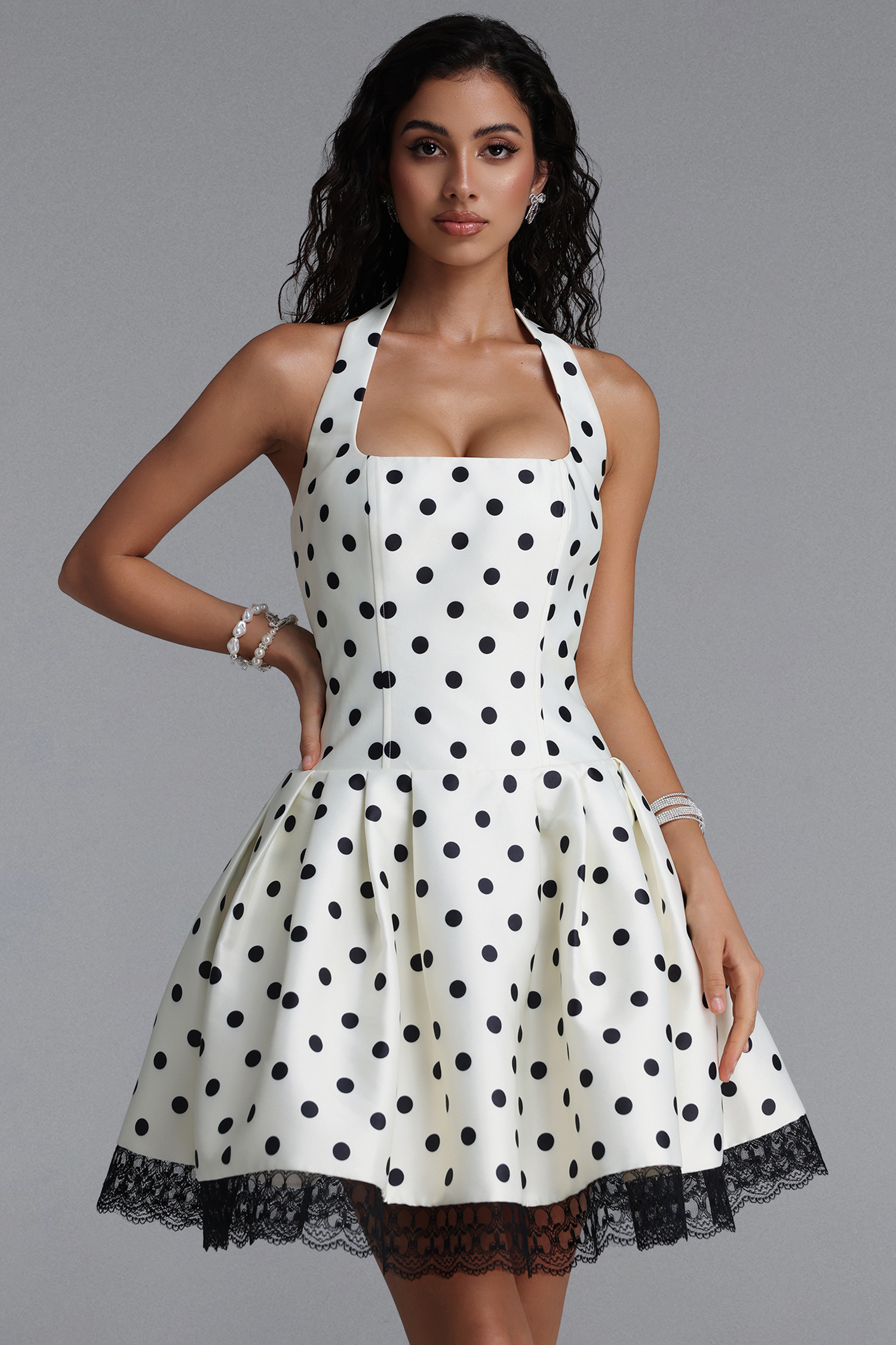 Rizza Classic Tailored Square Neck Lace Trimmed Polka DotWoven Mini Dress