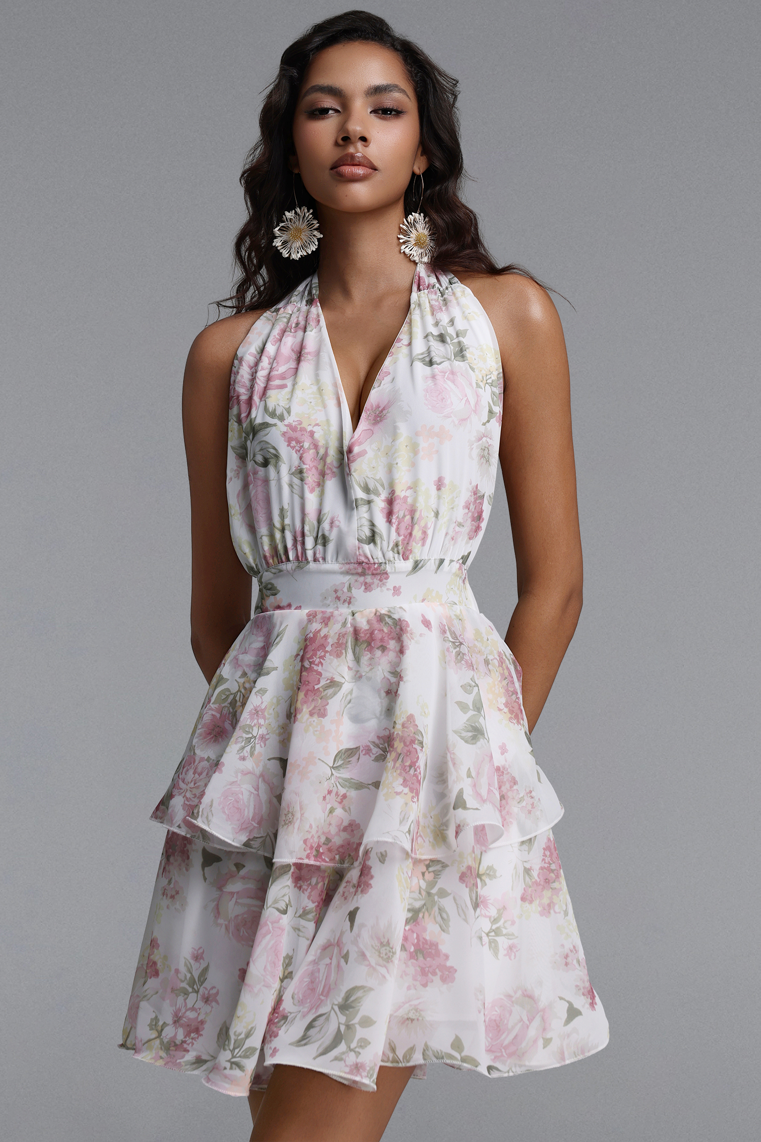 Yamia Resort Flowy Sleeveless Tiered Ruffle Floral Print Chiffon Mini Dress