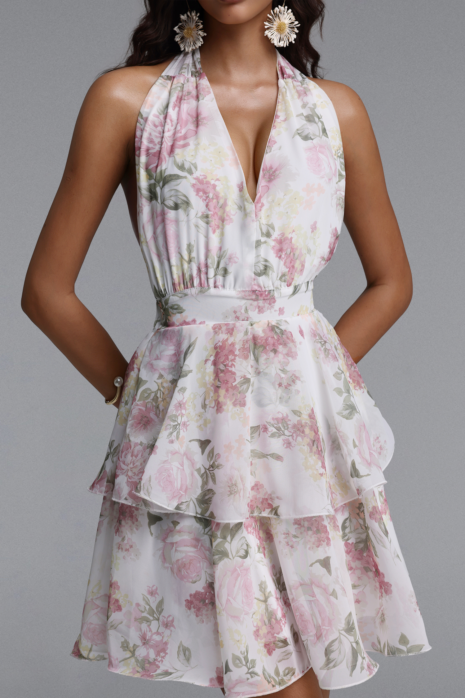 Yamia Resort Flowy Sleeveless Tiered Ruffle Floral Print Chiffon Mini Dress
