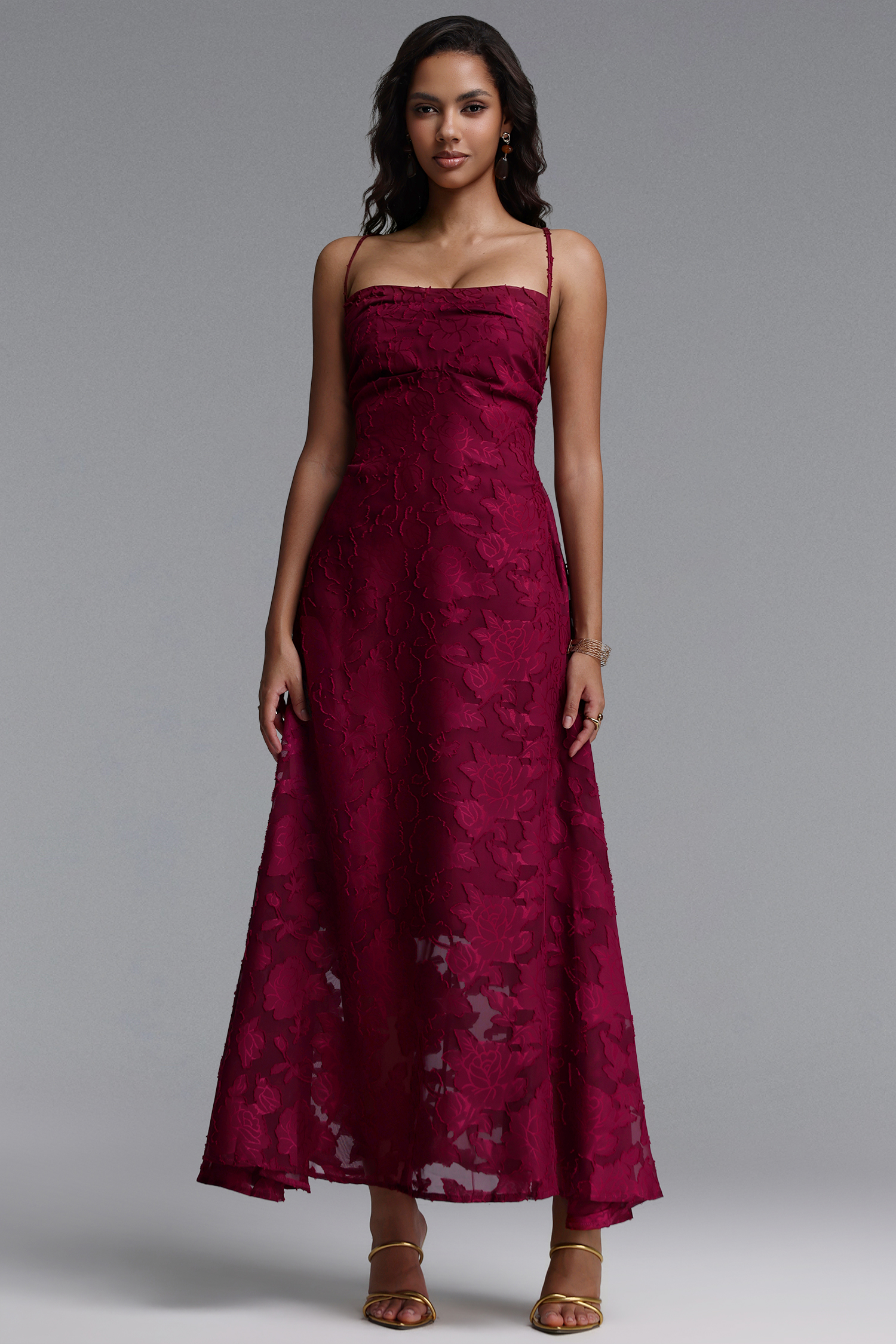 Qearl Elegant Flowy Spaghetti Strap Floral Woven Maxi Dress