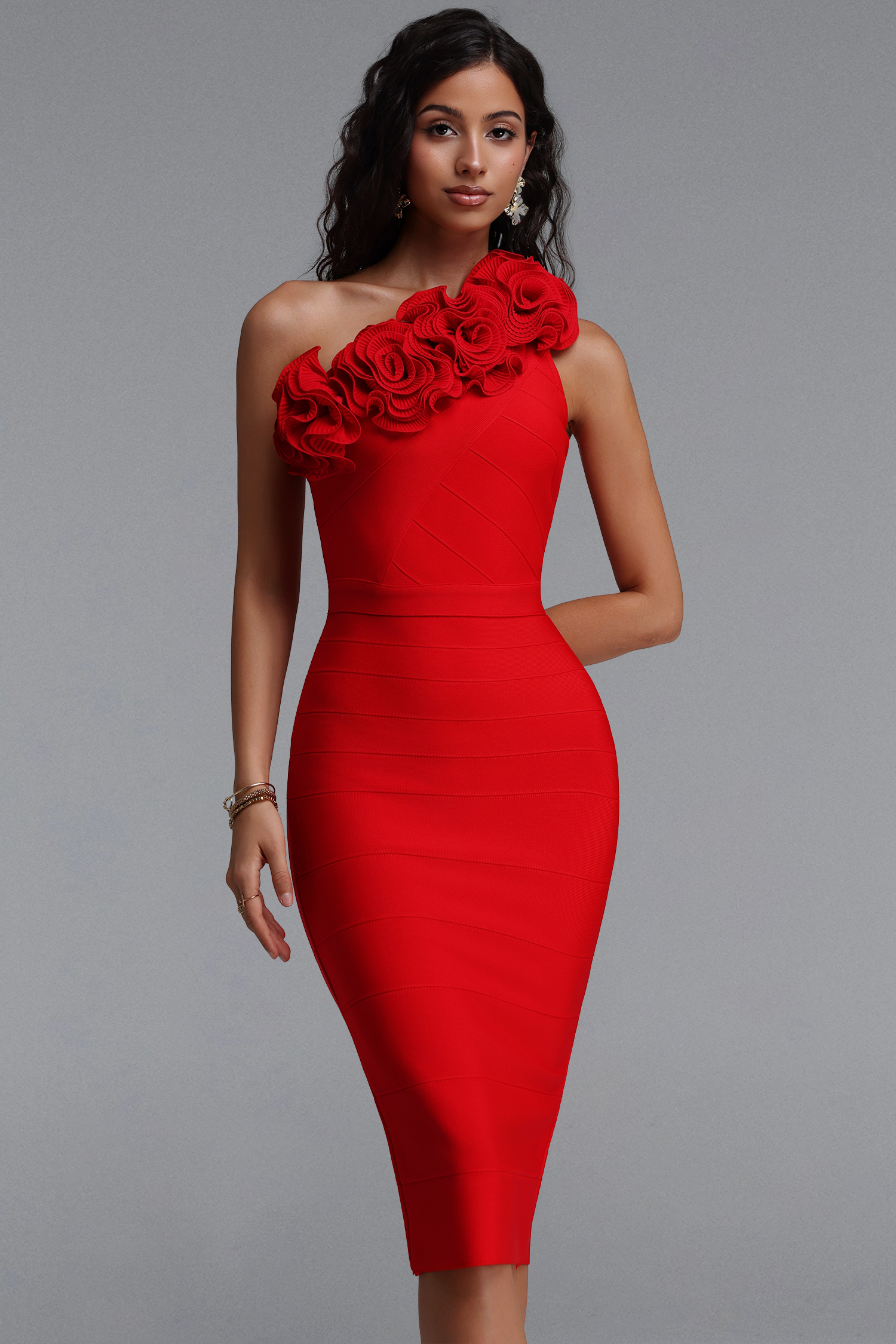 Uiala Elegant Slim Fit Floral One Shoulder Bandage Maxi Dress