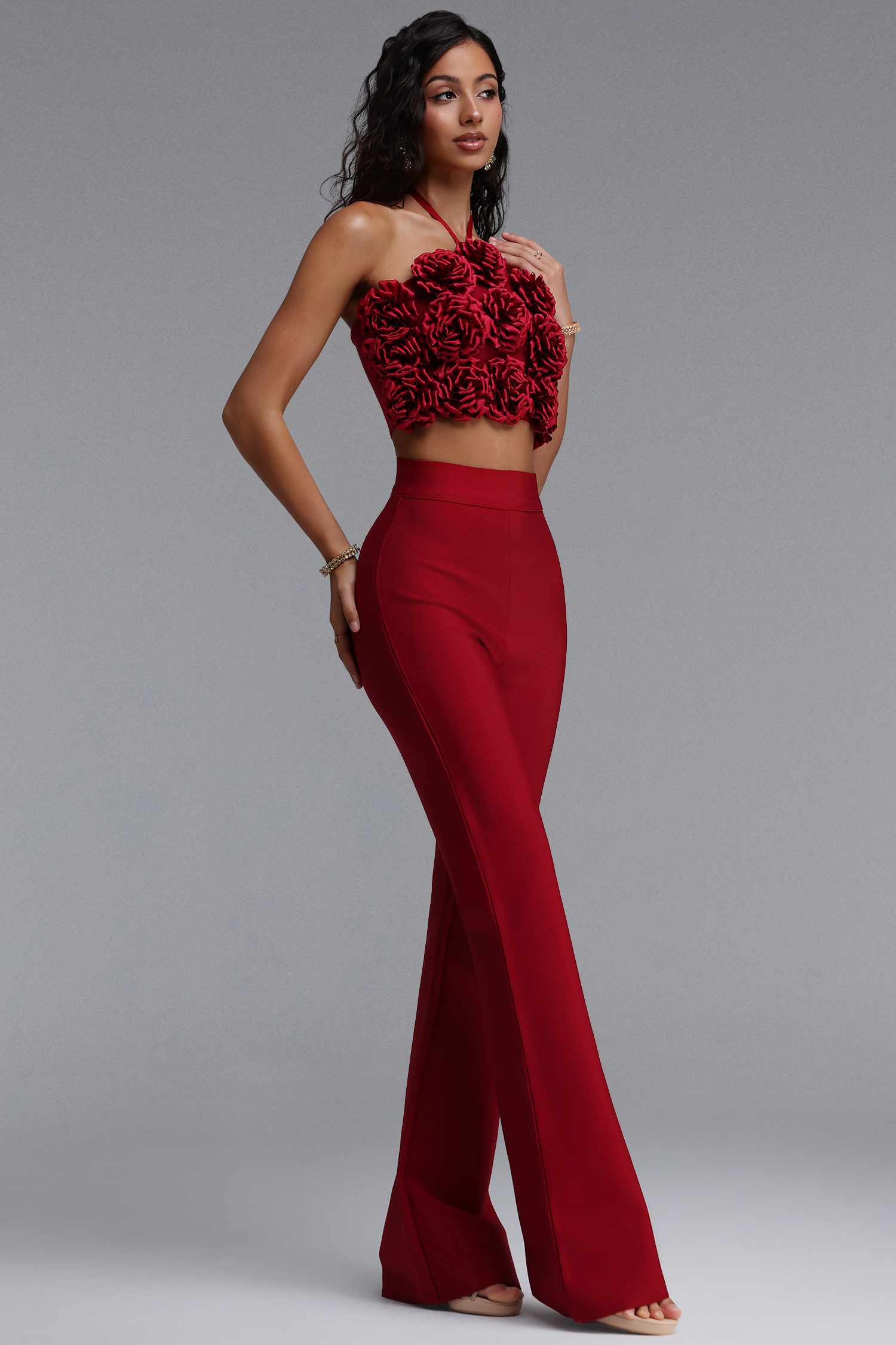 Ferean Stylish Halter Floral Mini Top And Slim Bandage Pants Two-Piece Set