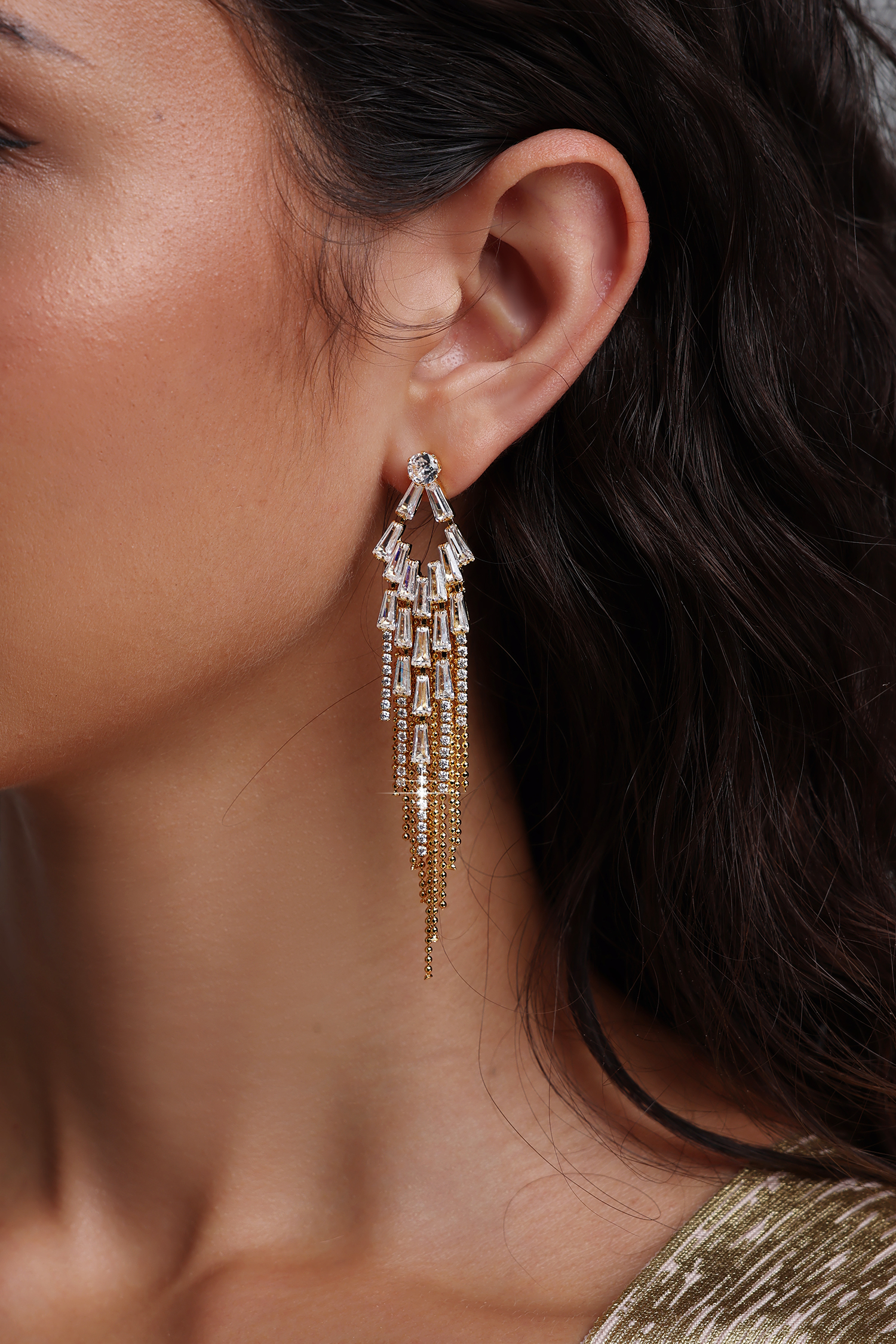Pansy Baguette Diamond MultiStrand Bead Long Tassel Drop Earrings