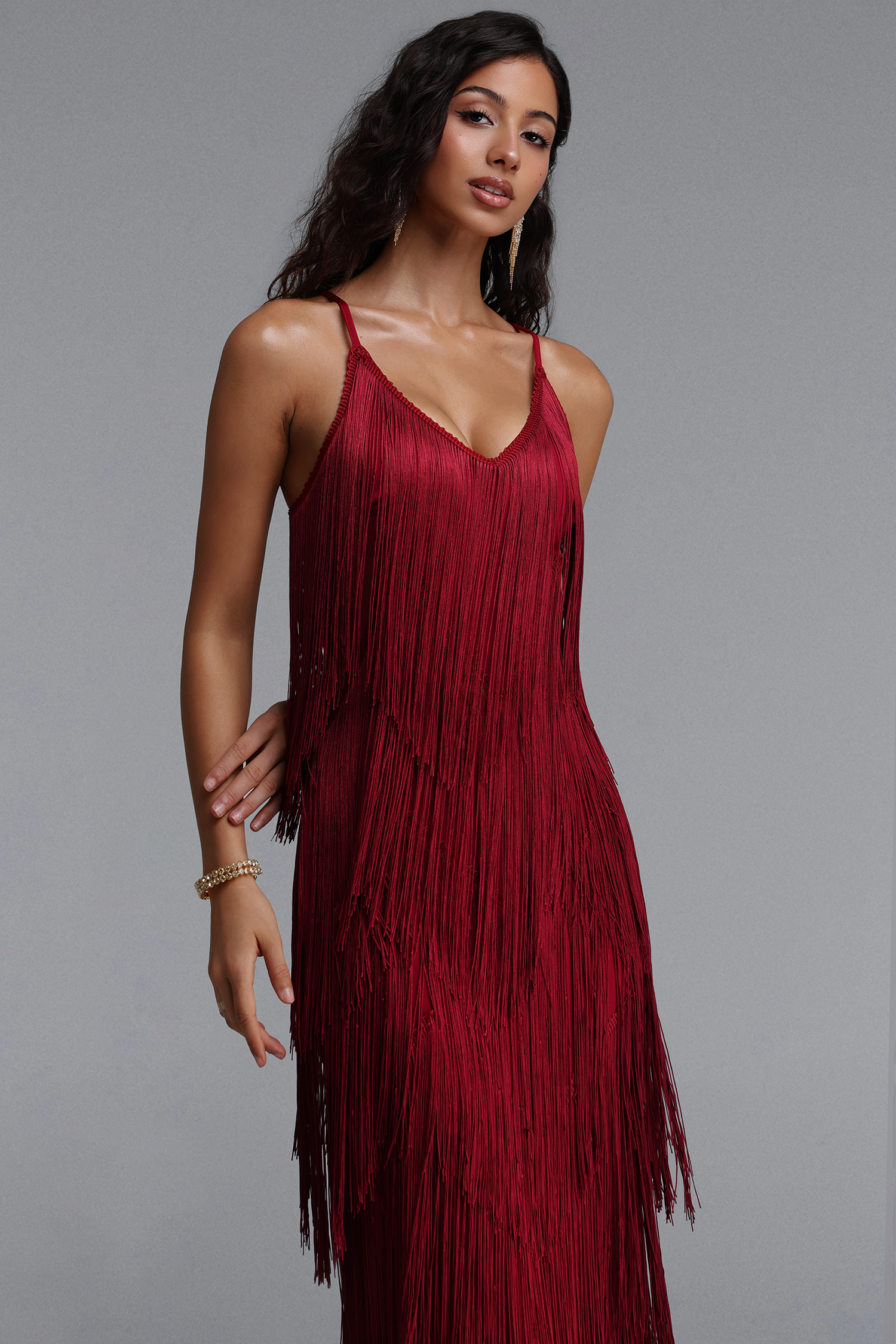 Alex Classic Contour V Neck Layered Fringe Bandage Red Maxi Dress
