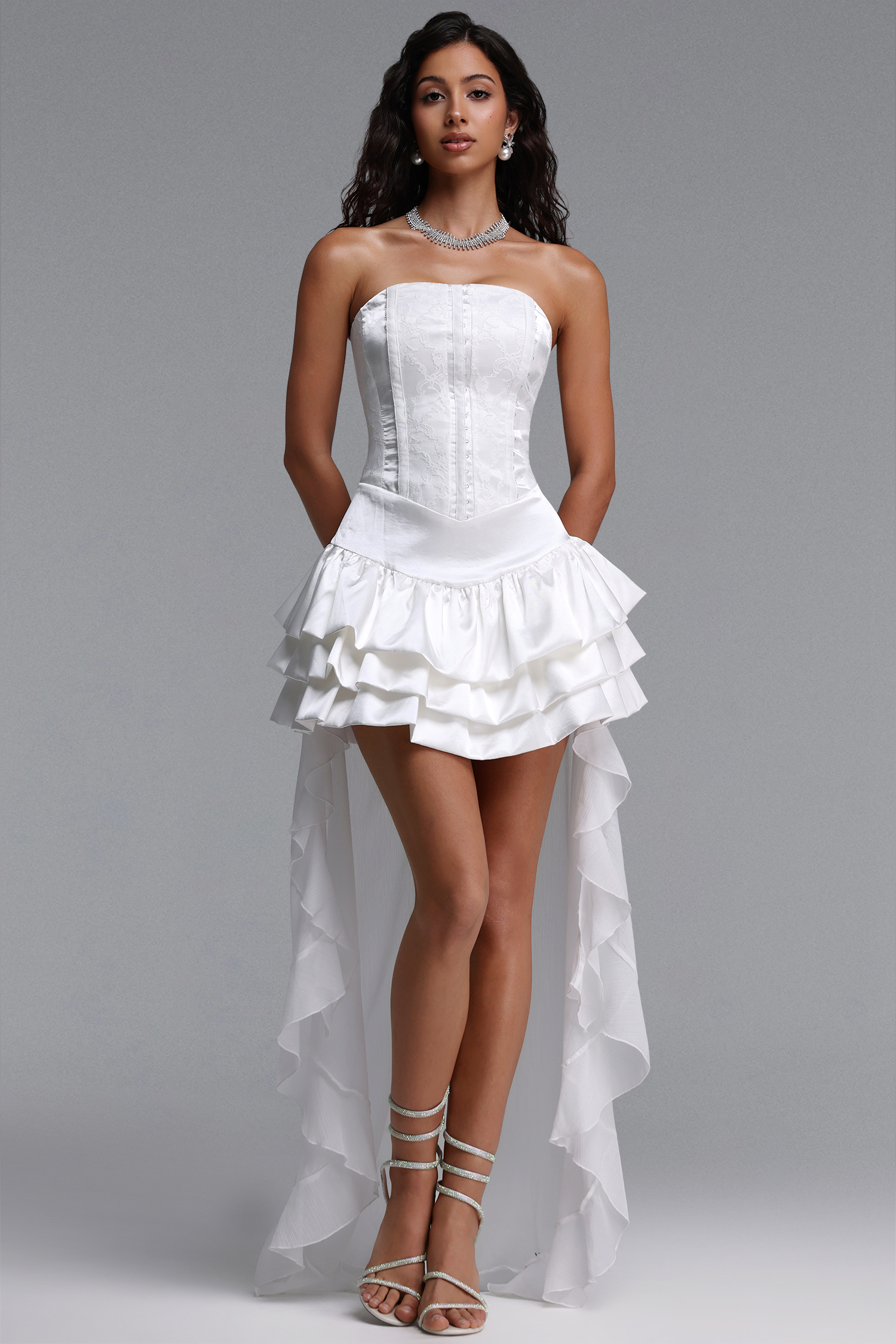 Traci Exquisite Cinched-Waist Strapless Lace Satin Mini Dress
