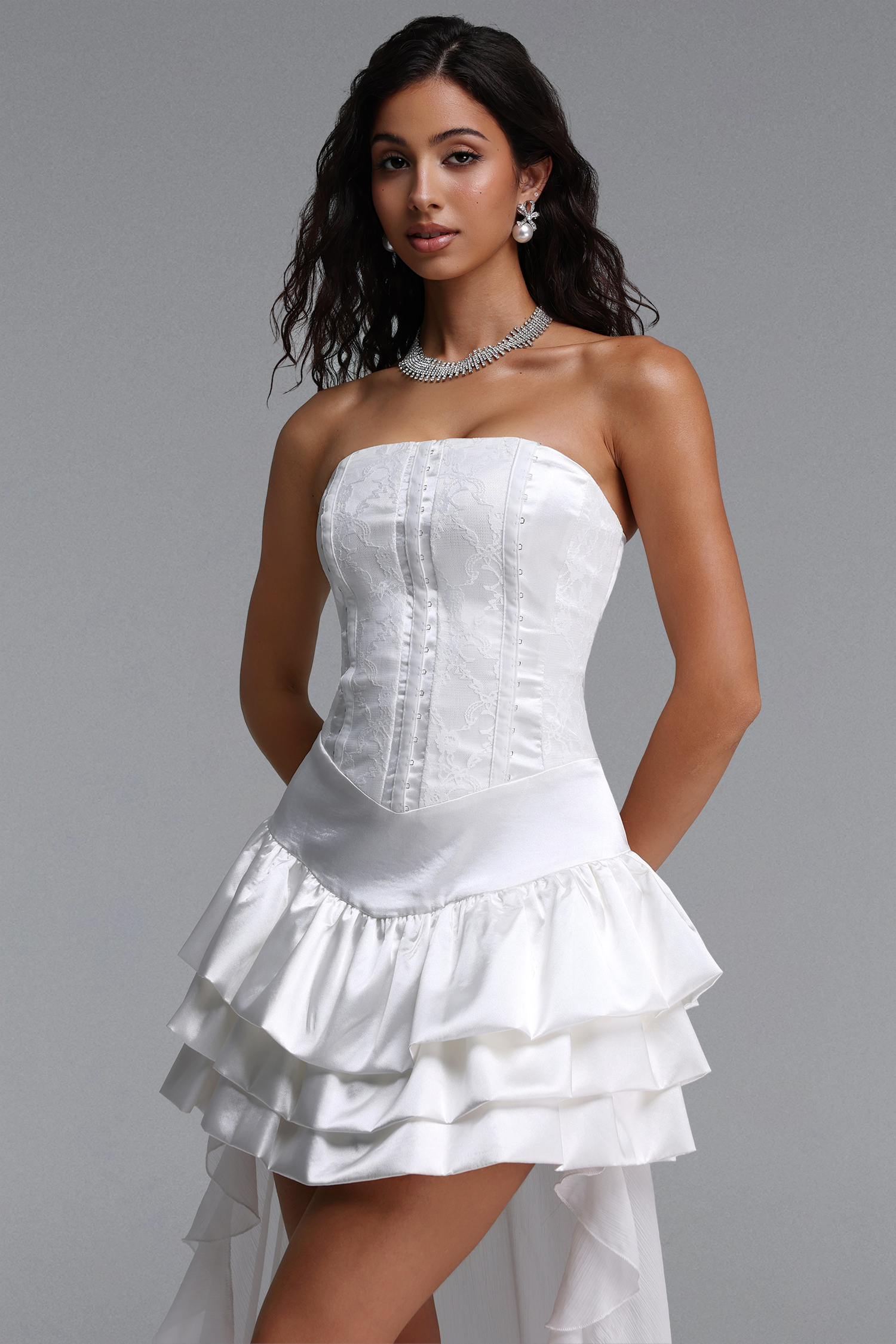 Traci Exquisite Cinched-Waist Strapless Lace Satin Mini Dress
