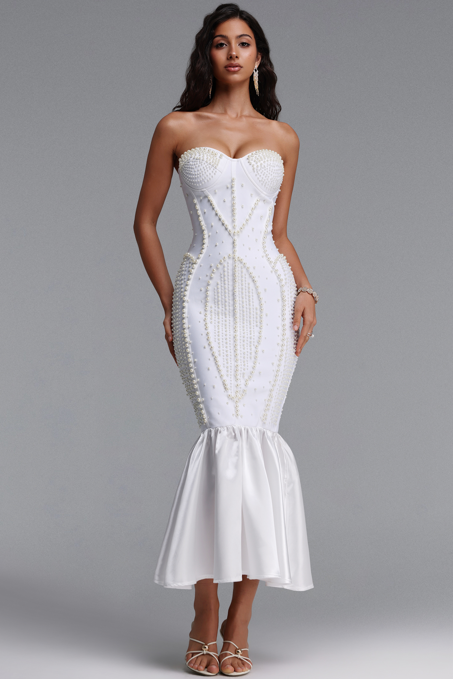 Stacy Exquisite Slim Fit Strapless Pearl Embellished Mermaid Bandage Maxi Dress
