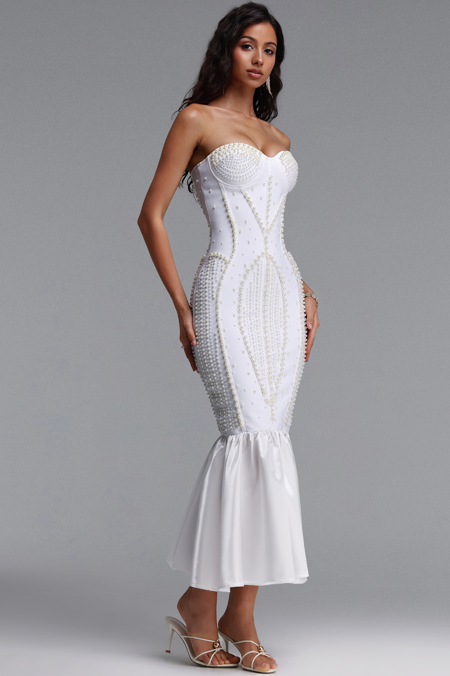 Stacy Exquisite Slim Fit Strapless Pearl Embellished Mermaid Bandage Maxi Dress