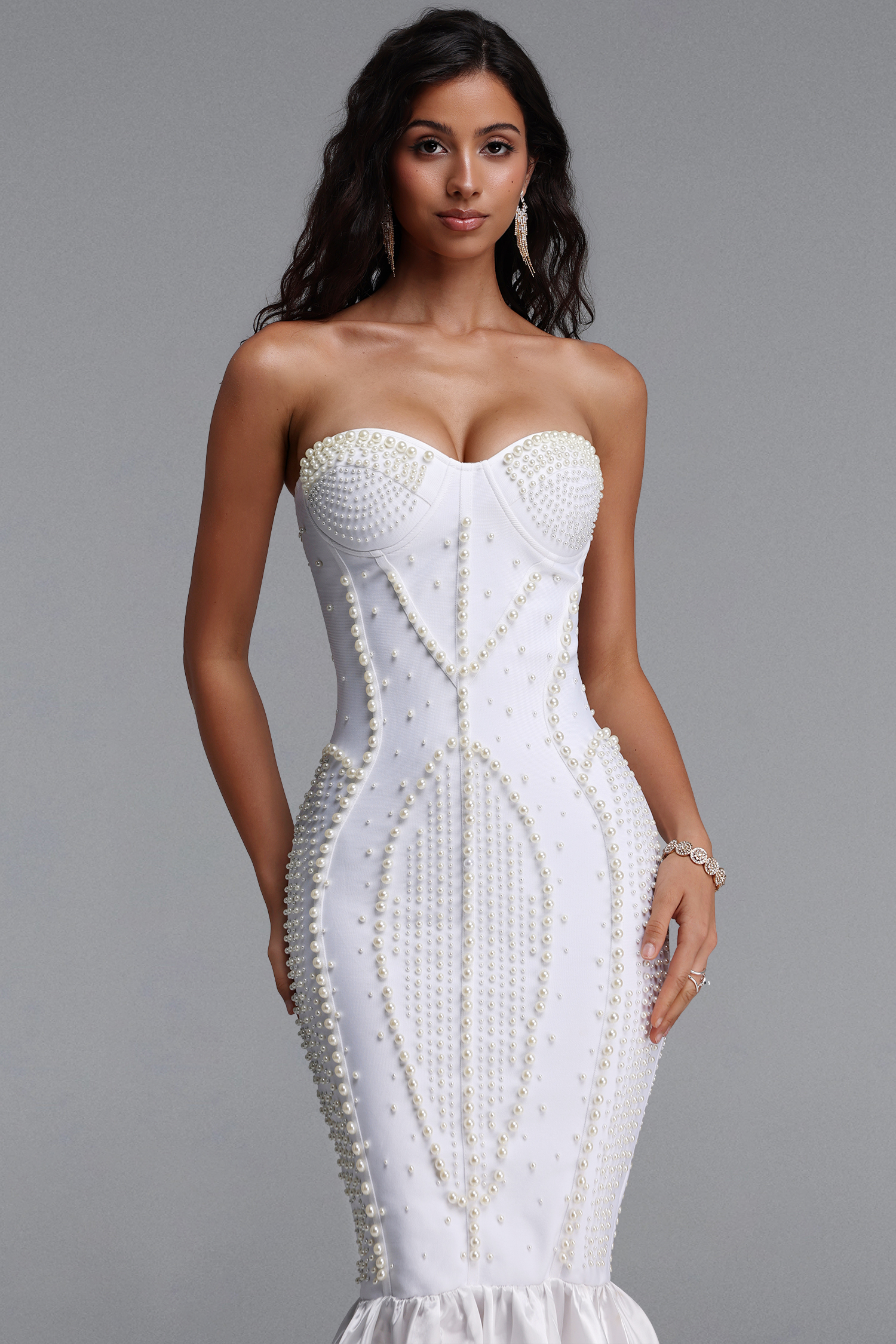 Stacy Exquisite Slim Fit Strapless Pearl Embellished Mermaid Bandage Maxi Dress