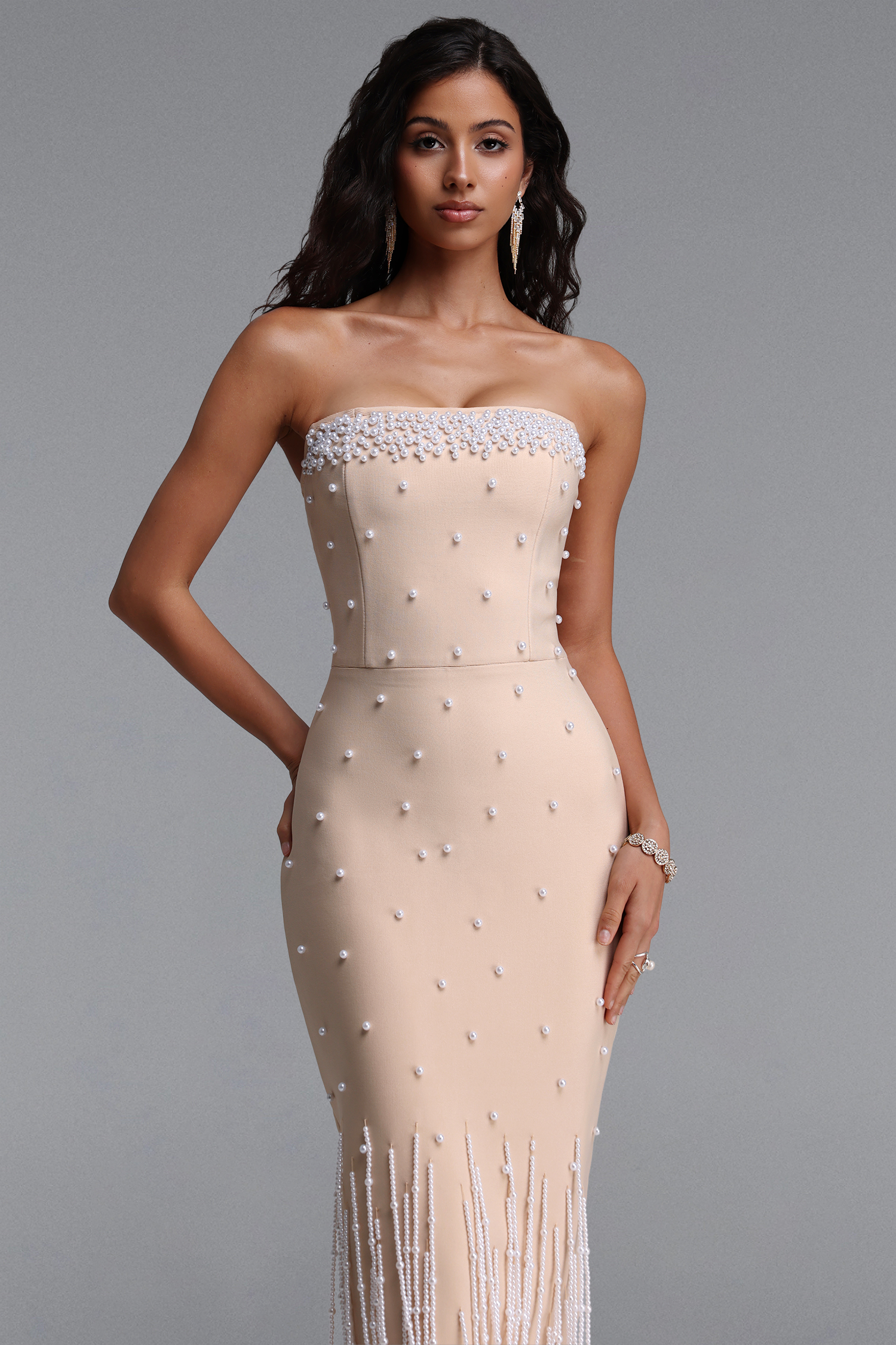 Lafare Chic Contour Strapless Pearl Fringe Bandage Maxi Dress