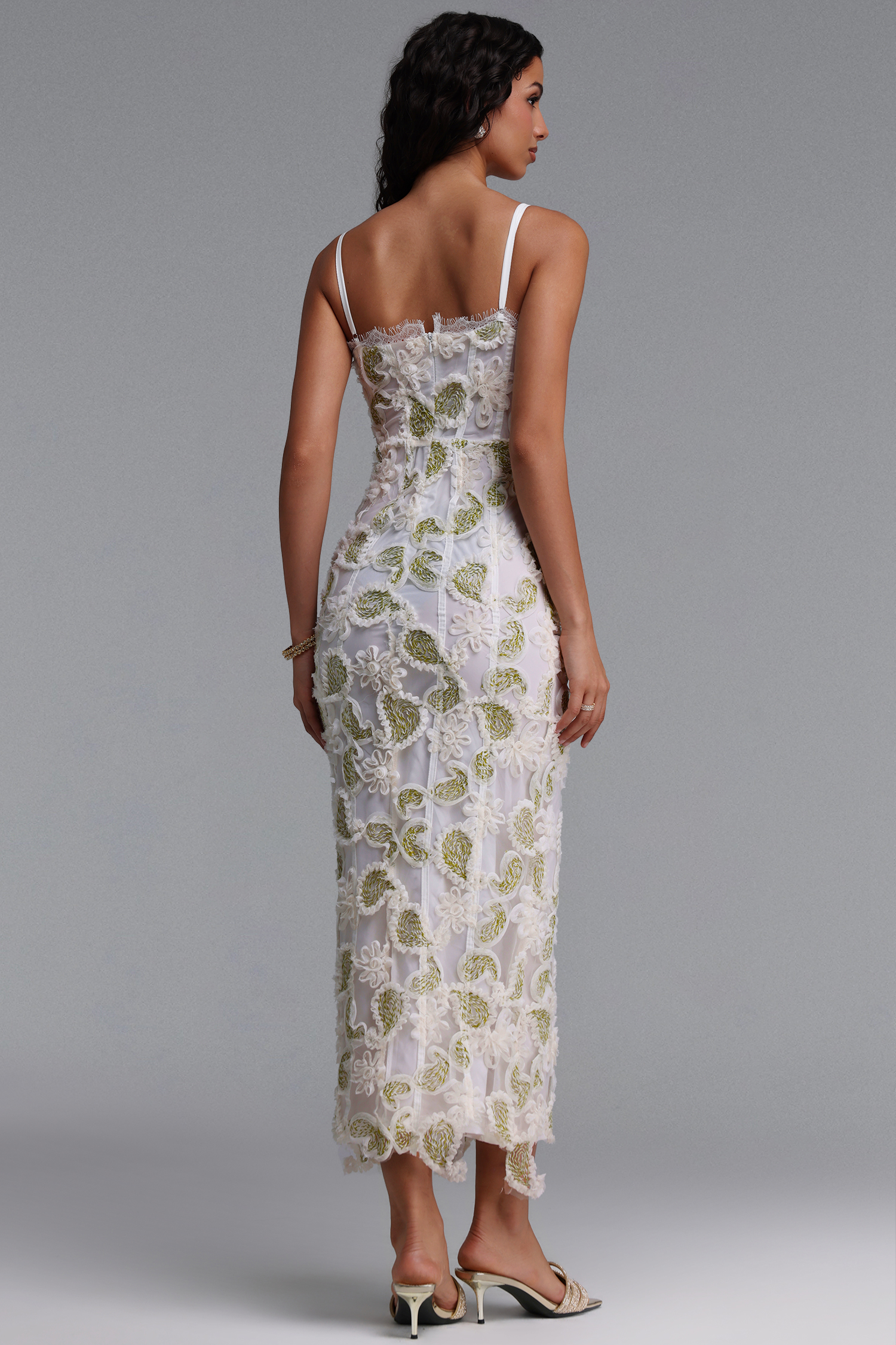 Rivka Exquisite Cinched-Waist Spaghetti Strap Paisley Embroidered Maxi Dress